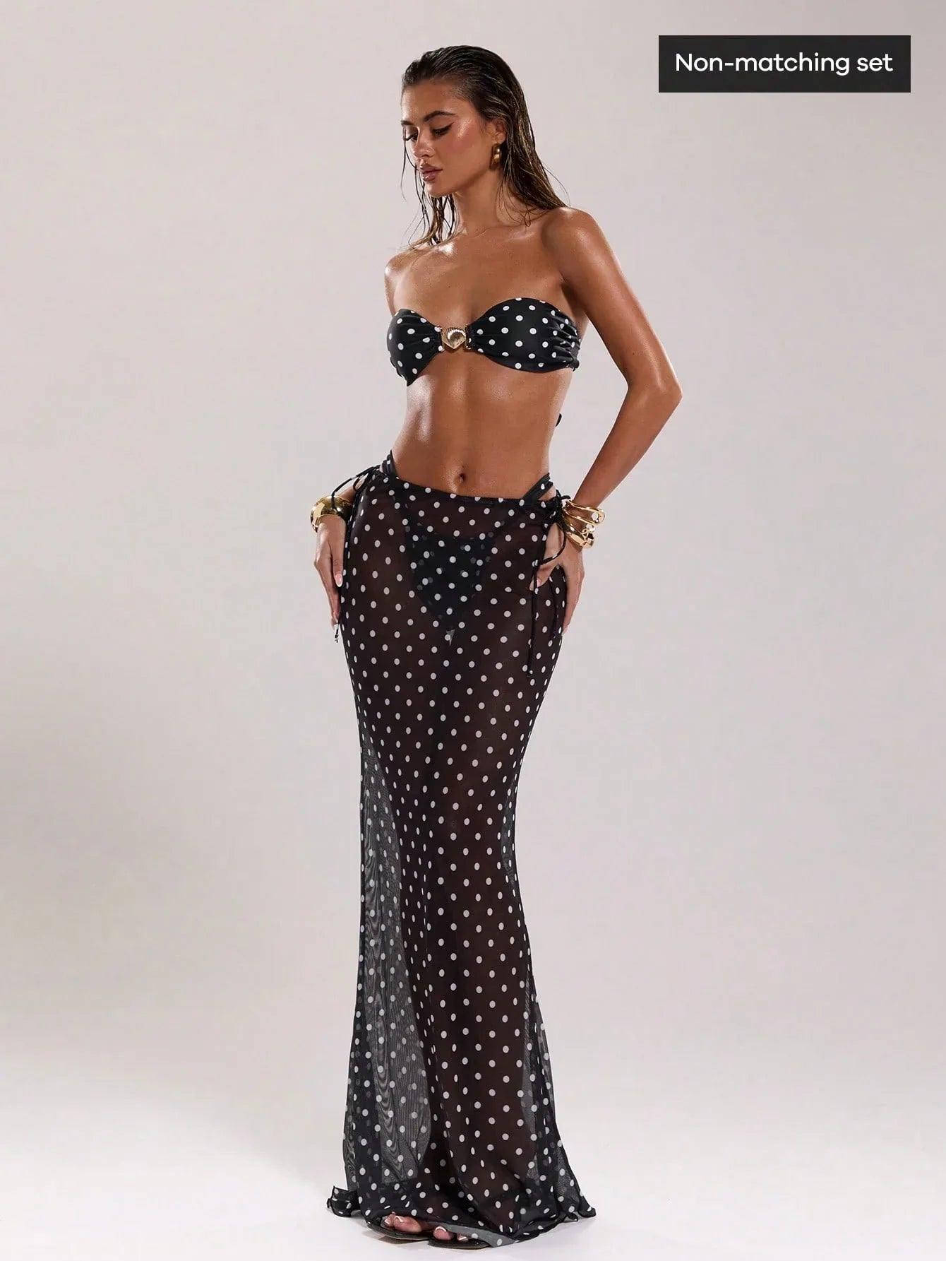 BAE Women’s New Arrival Black & White Polka Dot Low Waist Drawstring Resort Swimwear - Dazzling Beauty Solution
