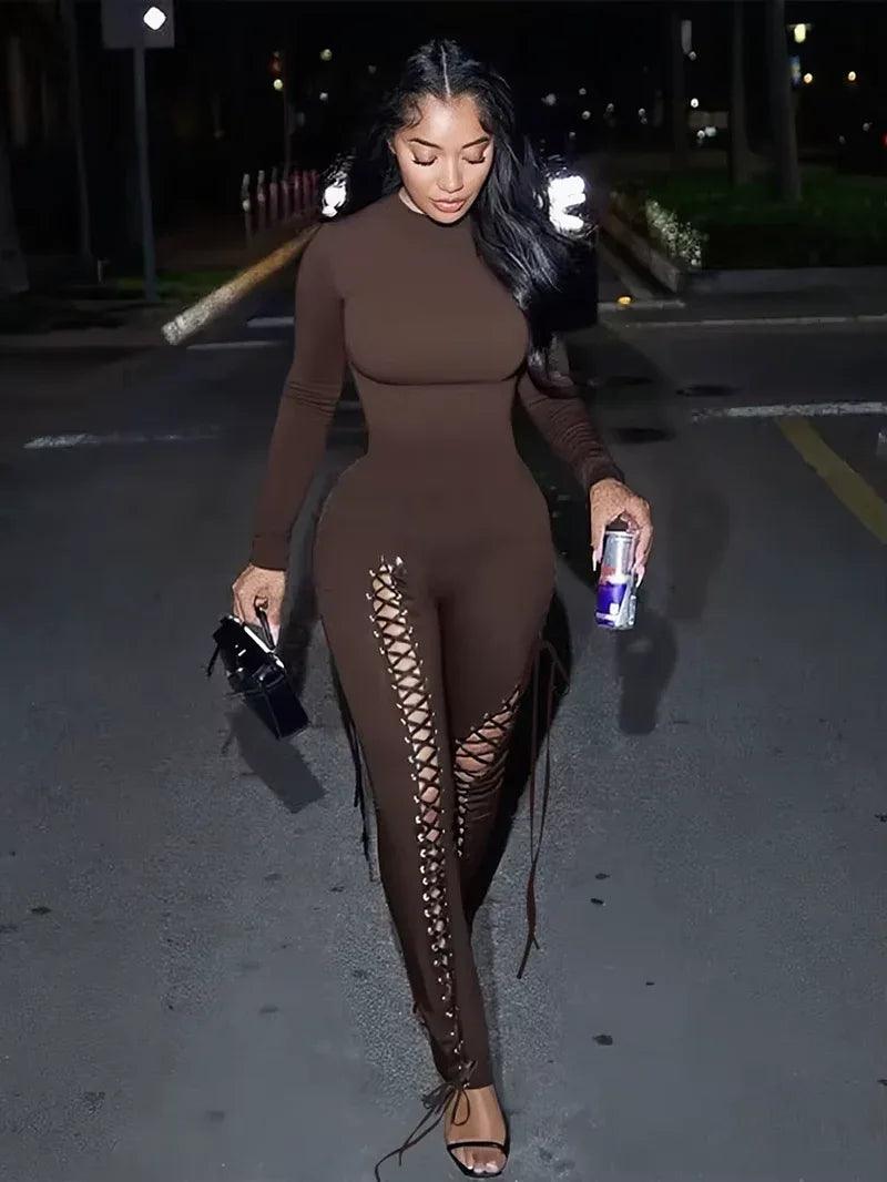 Sexy Fall Jumpsuits Women Diy Shirring O-Neck Full Sleeve Midnight Party Club Stretch Activity Fitness Slim Overalls - Dazzling Beauty Solution
