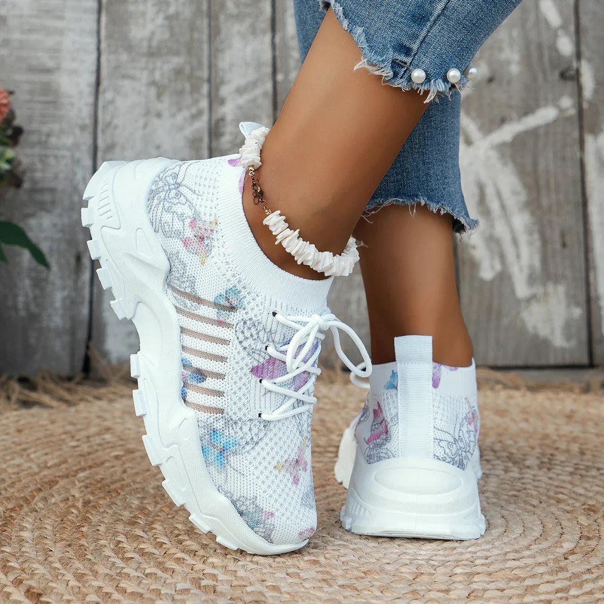 Women’s Butterfly Print Mesh Sneakers – Casual Flat Sports Shoes - Dazzling Beauty Solution