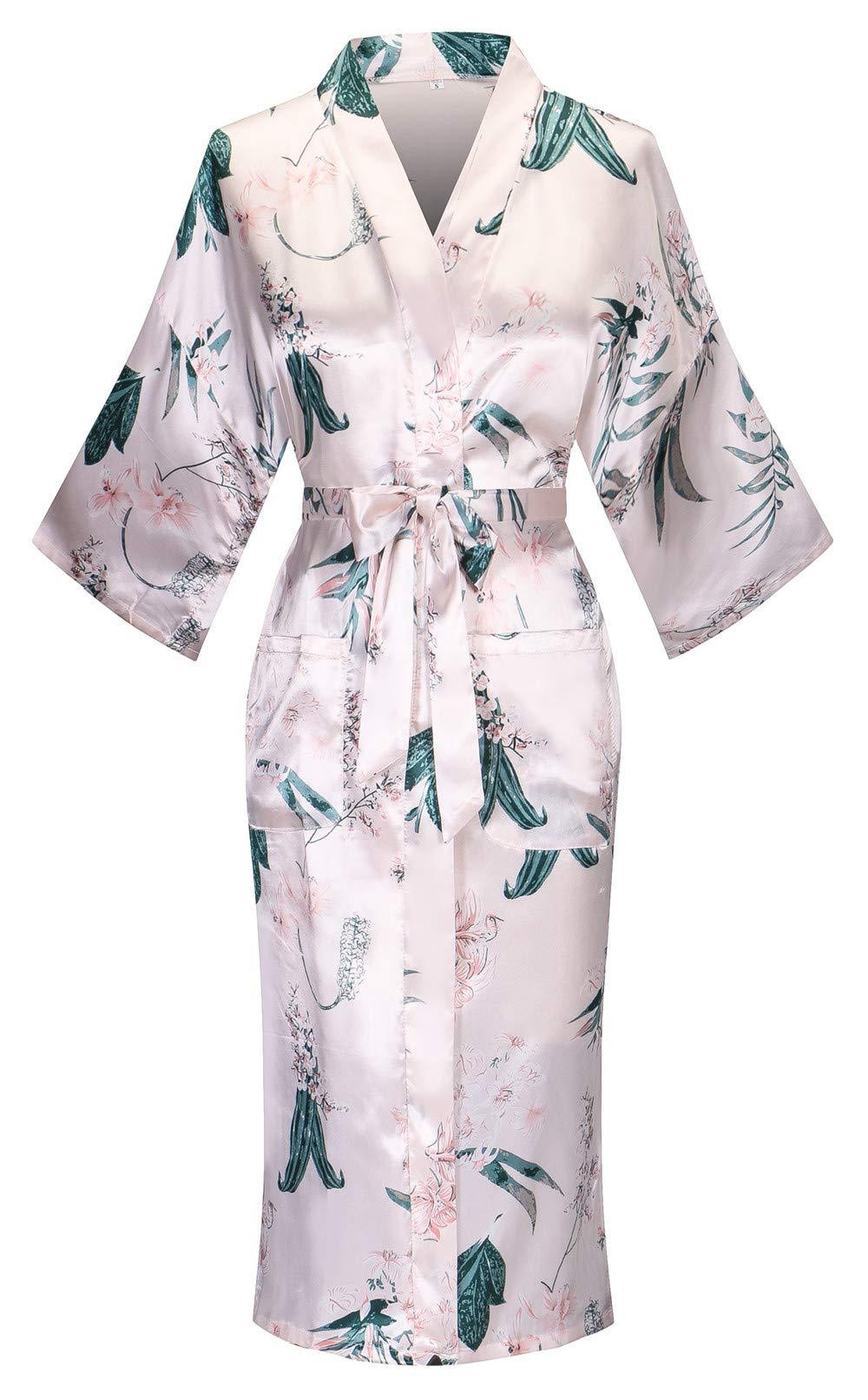 Women's Floral/Patterned Silky Kimono Robes Long Satin Bathrobes Sleepwear Loungewear
