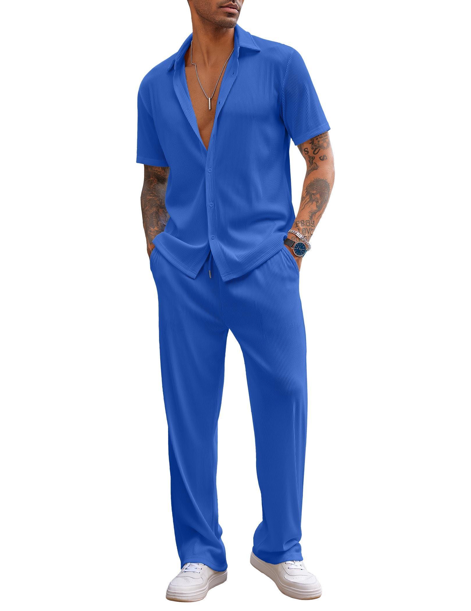 COOFANDY Men's 2 Piece Outfit Casual Short Sleeve Button Down Shirt Beach Summer Loose Pant Sets