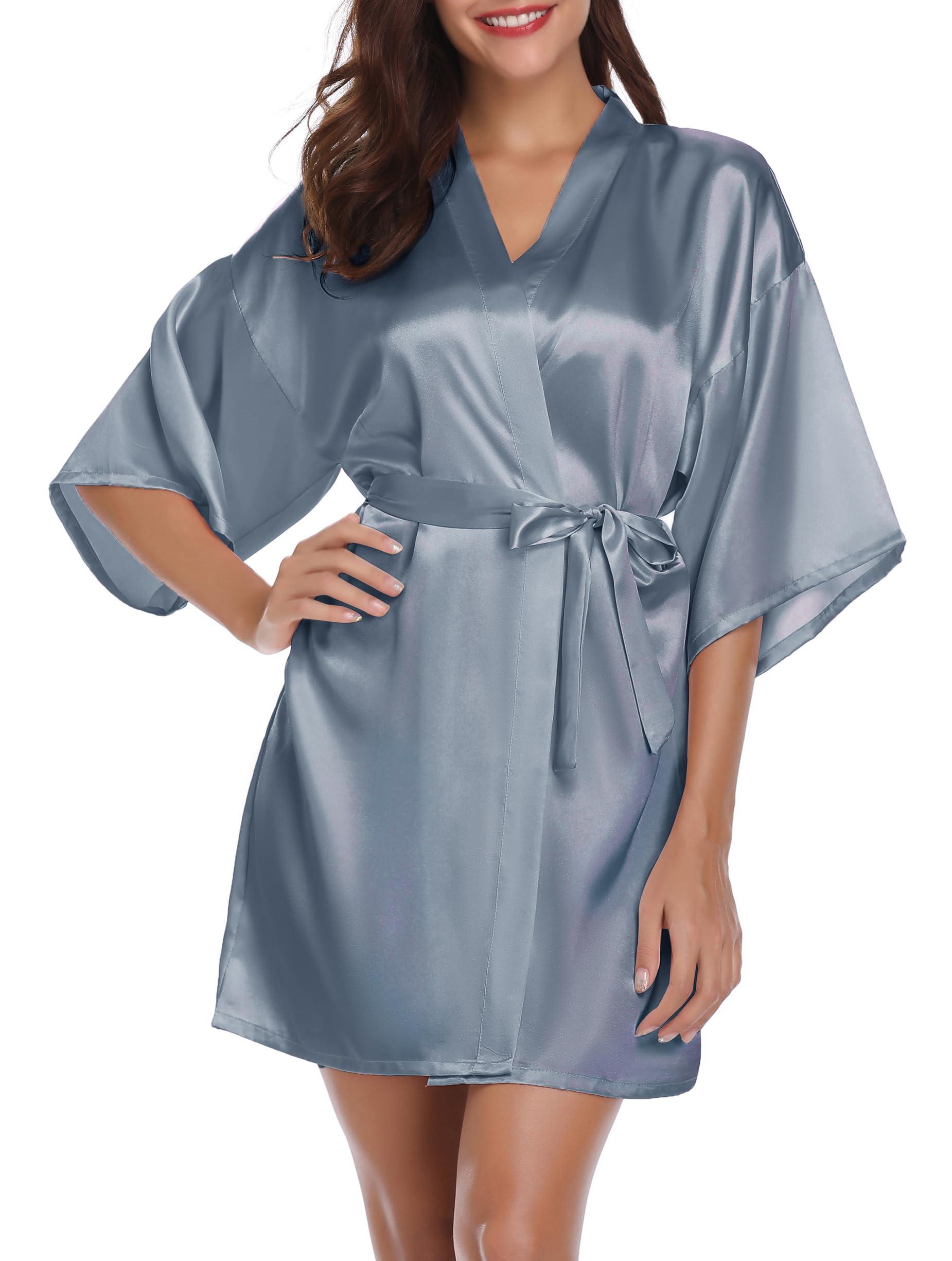 Vlazom Womens Kimono Robes Dressing Gown Satin Bathrobe Nightdress Short Style Bridal Robe