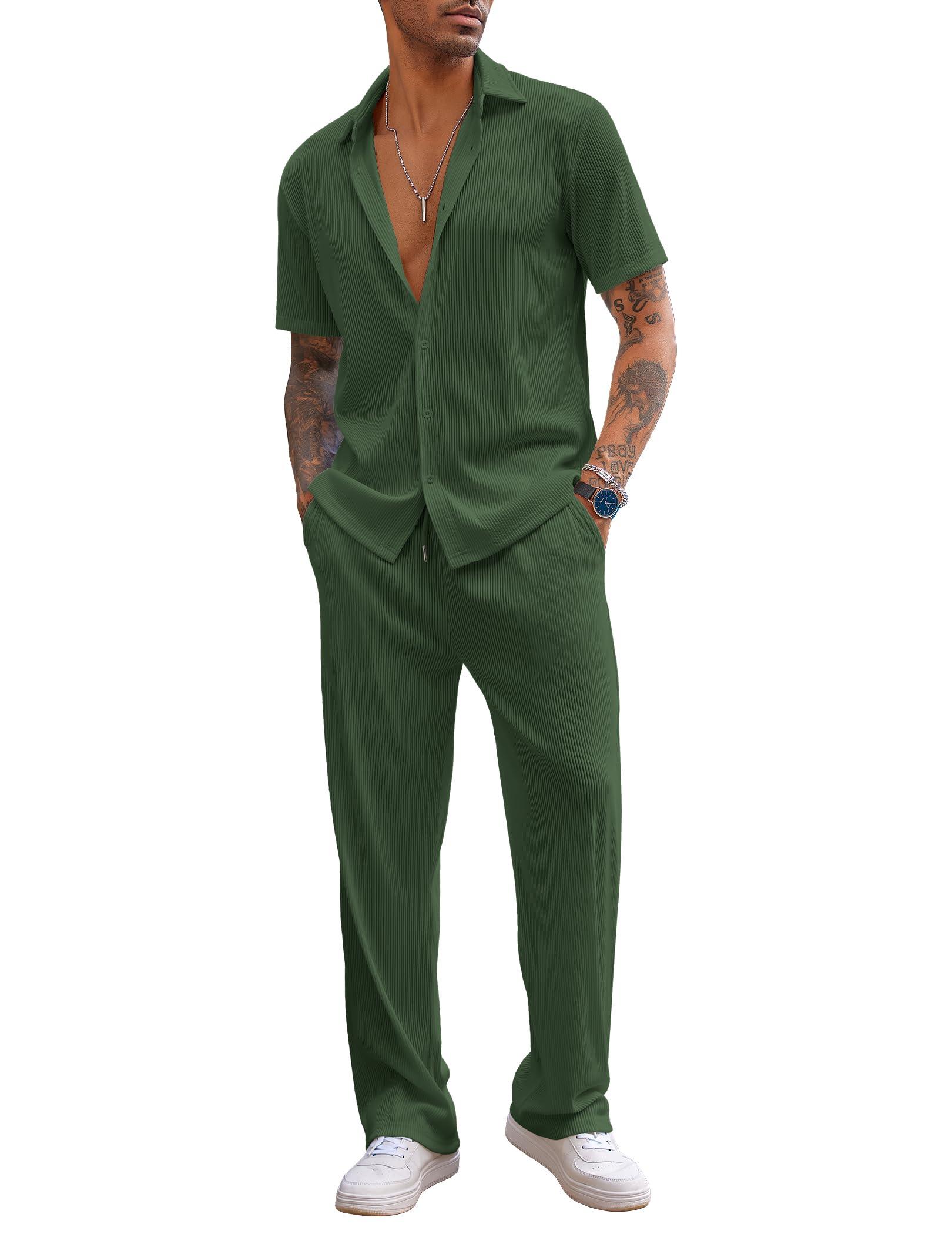 COOFANDY Men's 2 Piece Outfit Casual Short Sleeve Button Down Shirt Beach Summer Loose Pant Sets