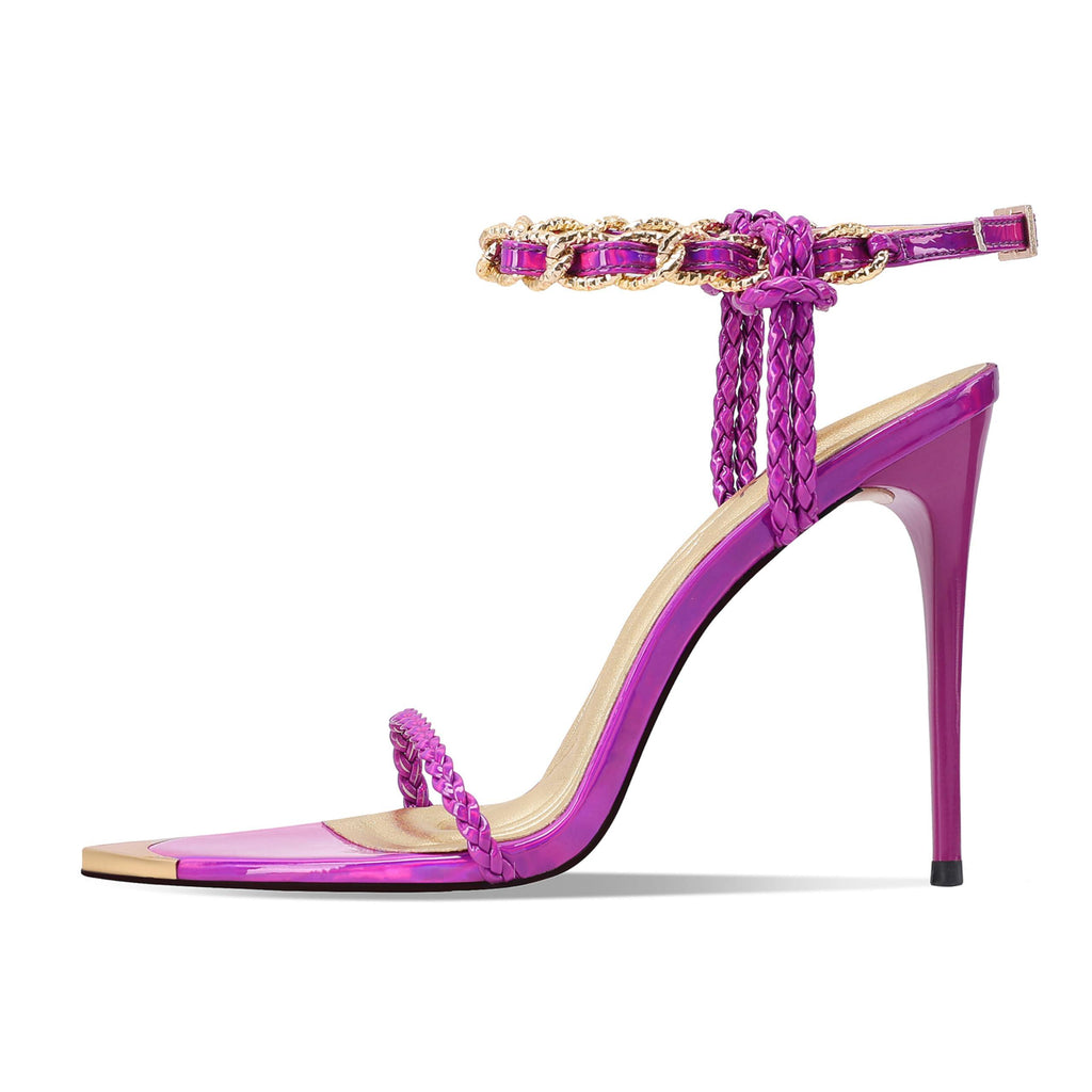 Ouwilov Women's Strappy Stiletto Heels – Metallic Ankle Strap Open Toe Sandals