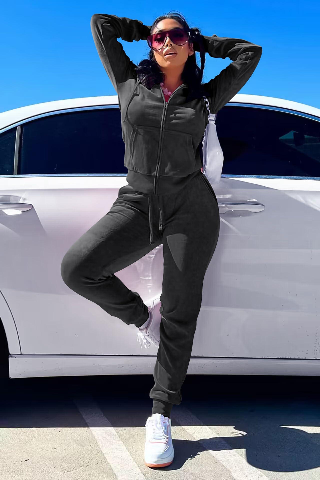 Women's 2-Piece Velour Tracksuit – Hooded Zip Crop Top & Jogger Pants