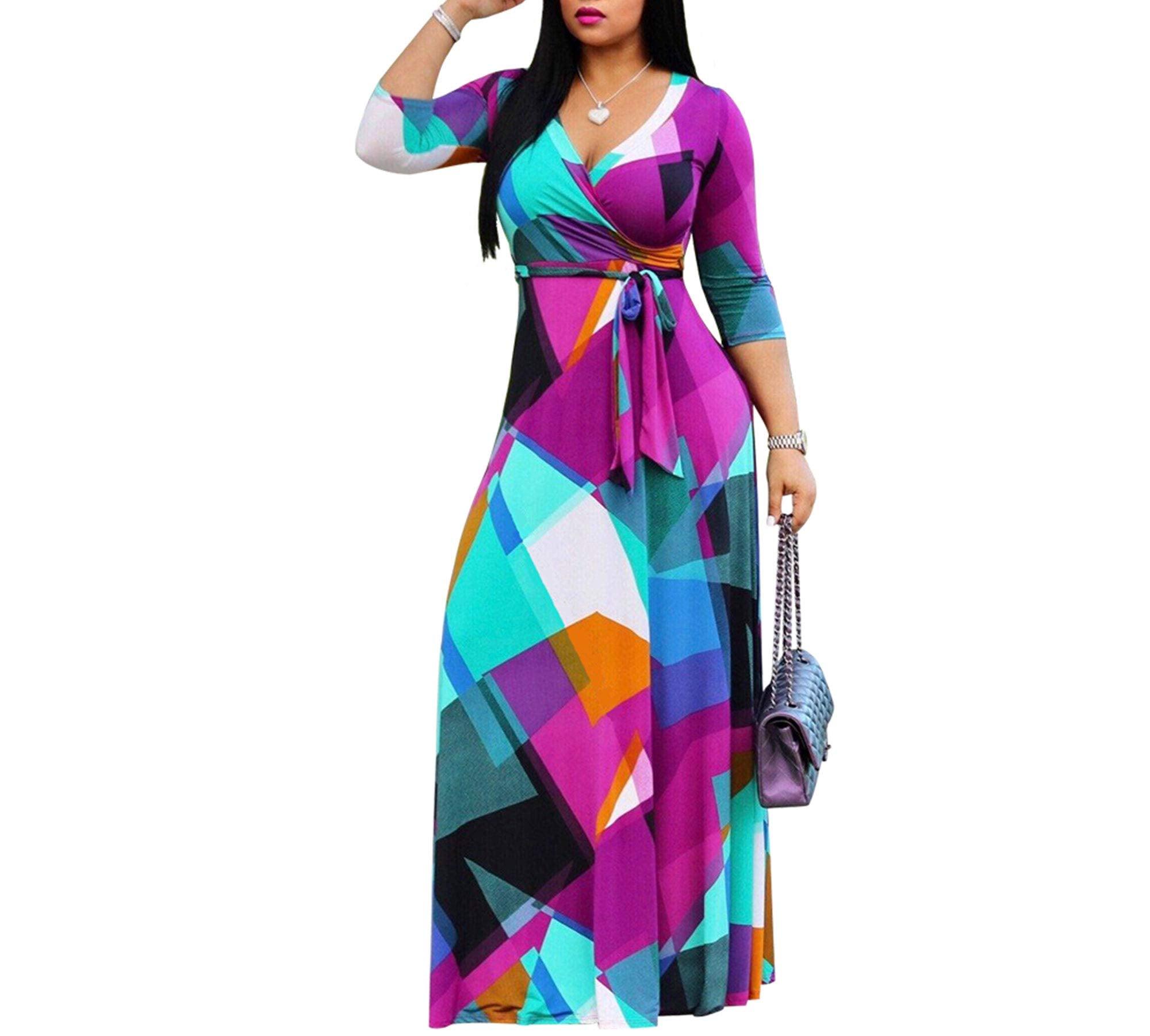 FANDEE Plus Size Maxi Dress for Women – Boho Floral V-Neck 3/4 Sleeve Summer Sundress