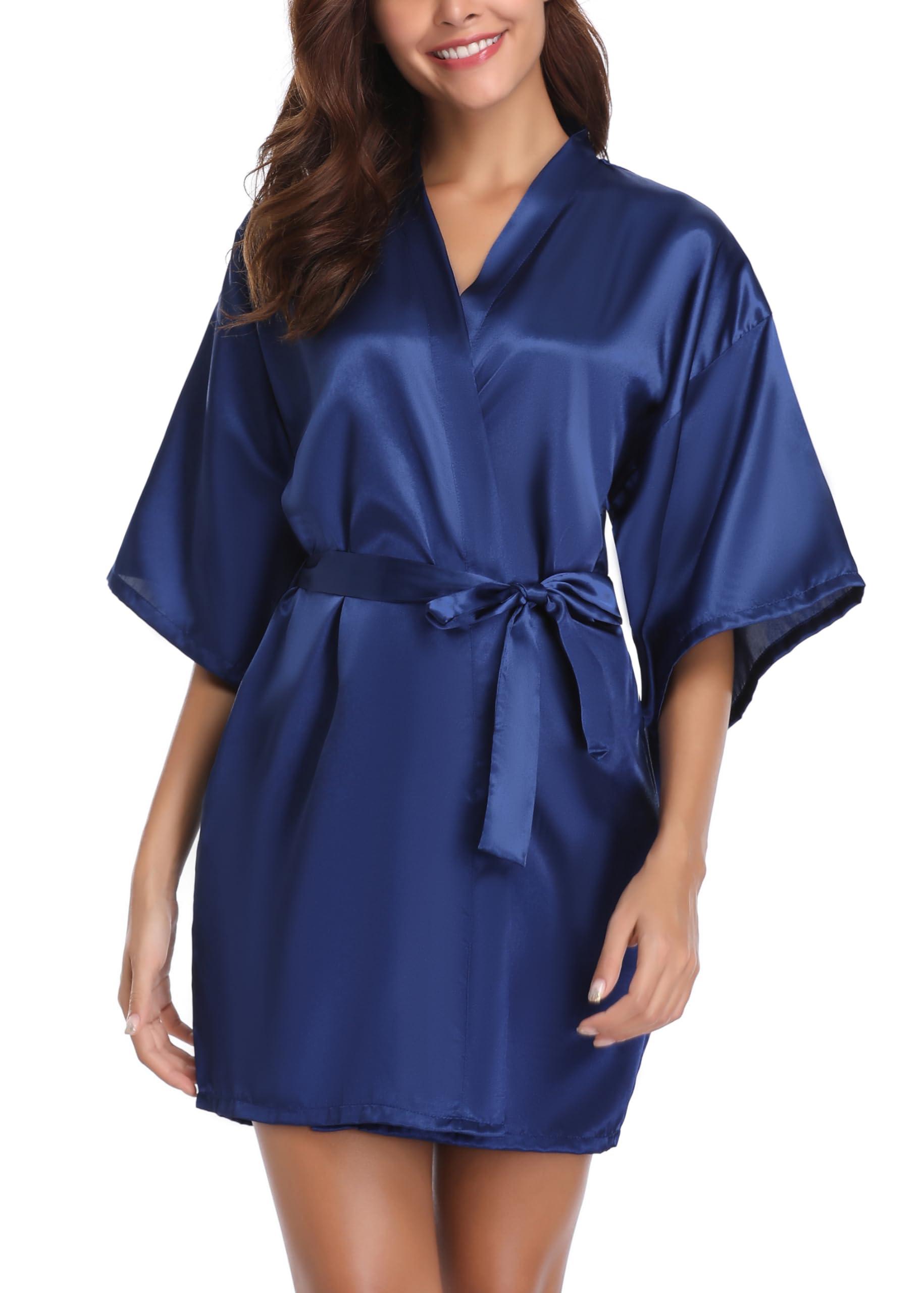 Vlazom Womens Kimono Robes Dressing Gown Satin Bathrobe Nightdress Short Style Bridal Robe
