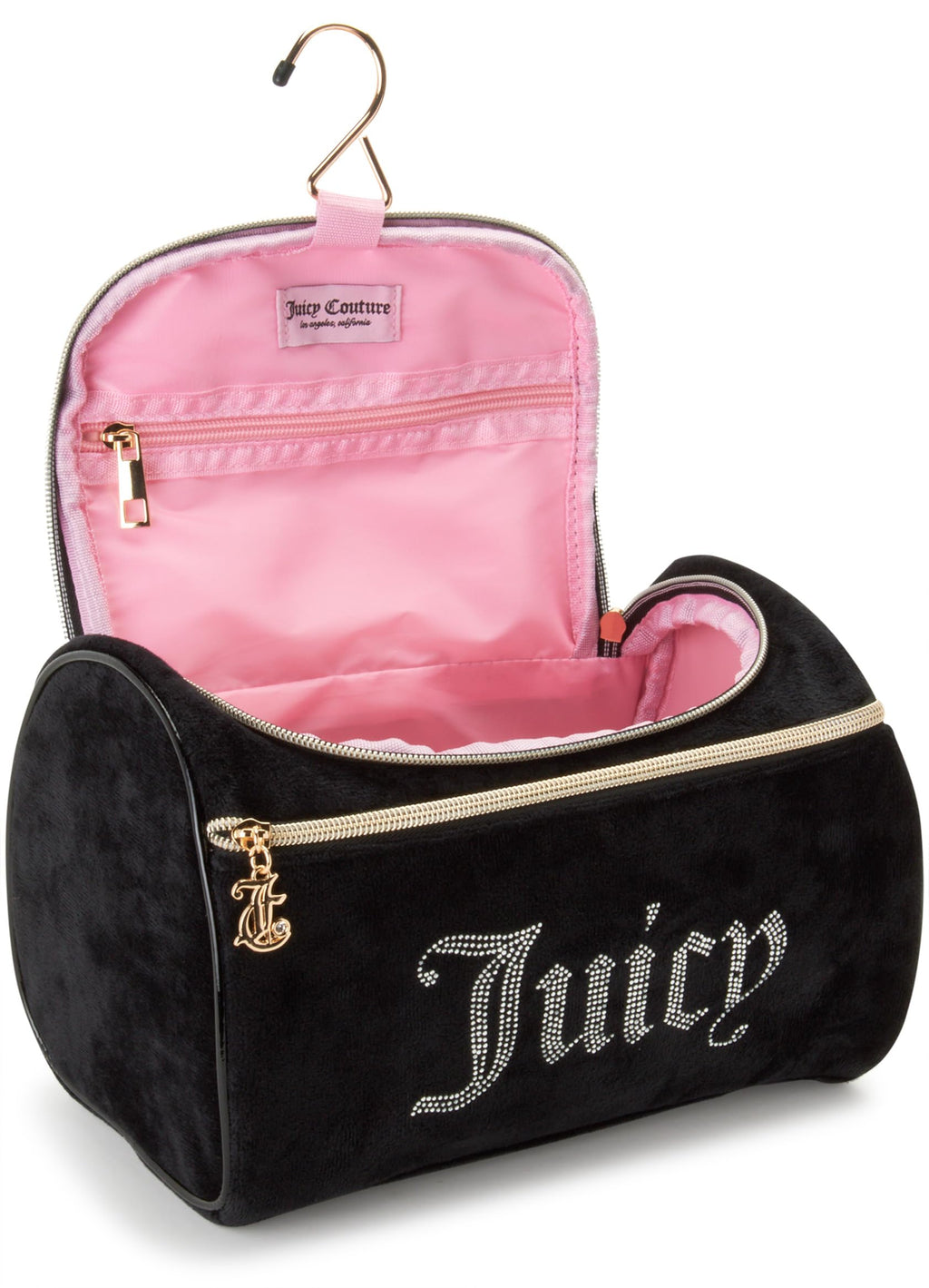 Juicy Couture Velour Makeup Bag | Rhinestone Travel Cosmetics Organizer | Black & Pink