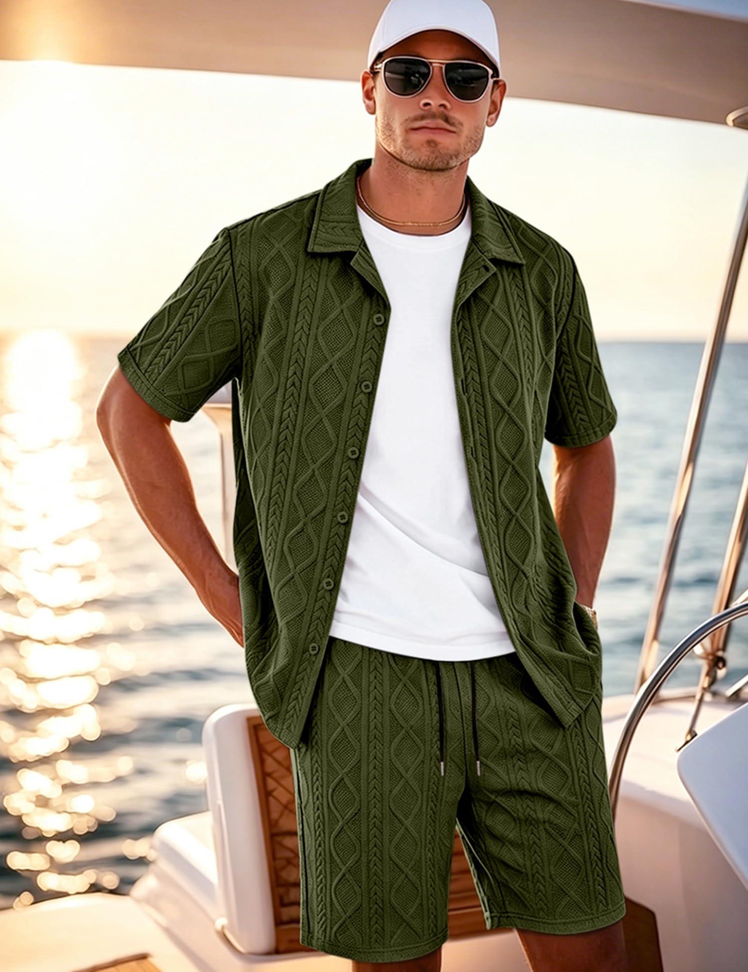 Men's Diamond Knit 2-Piece Button Down Shirt & Shorts Set – Casual Tracksuit