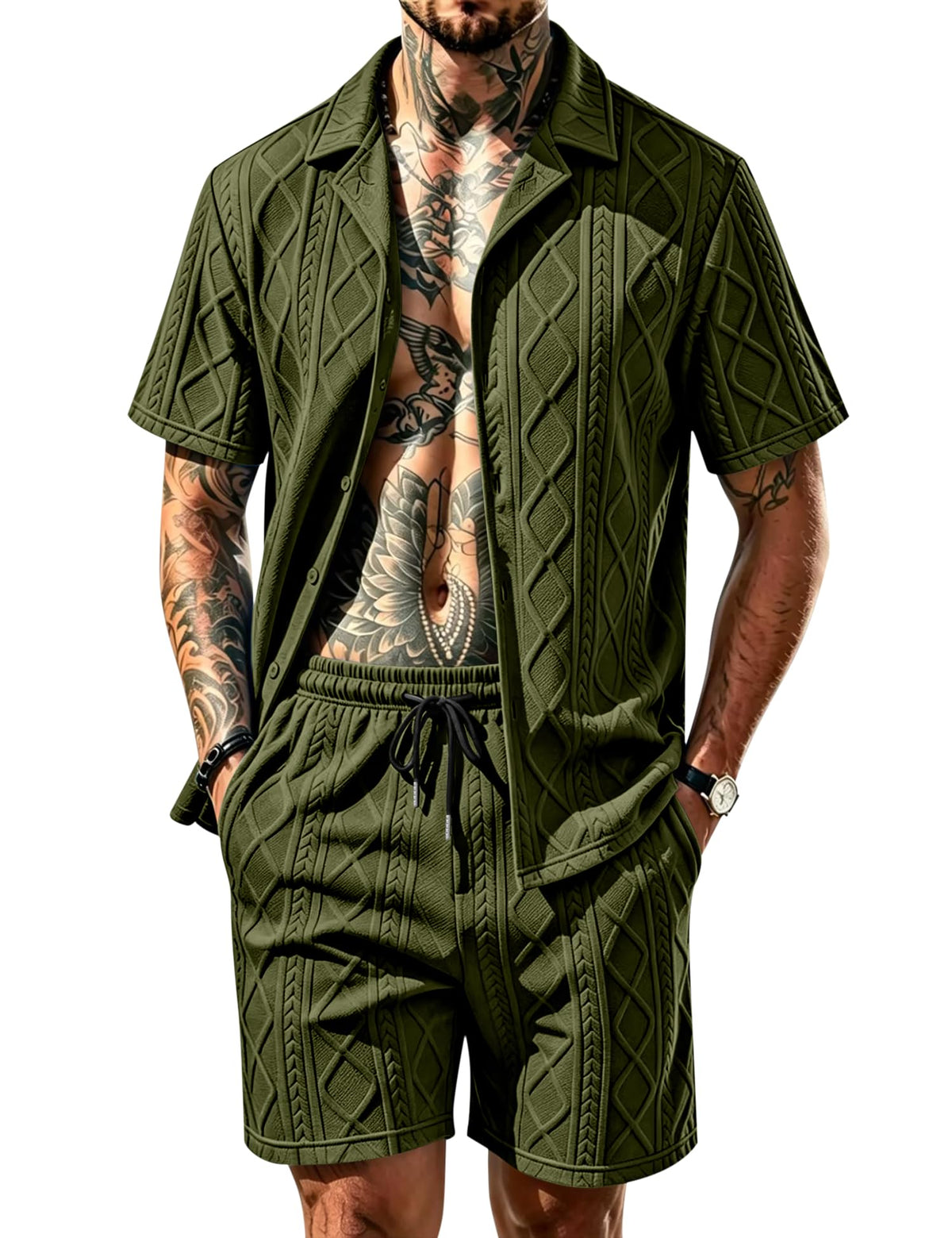 Men's Diamond Knit 2-Piece Button Down Shirt & Shorts Set – Casual Tracksuit