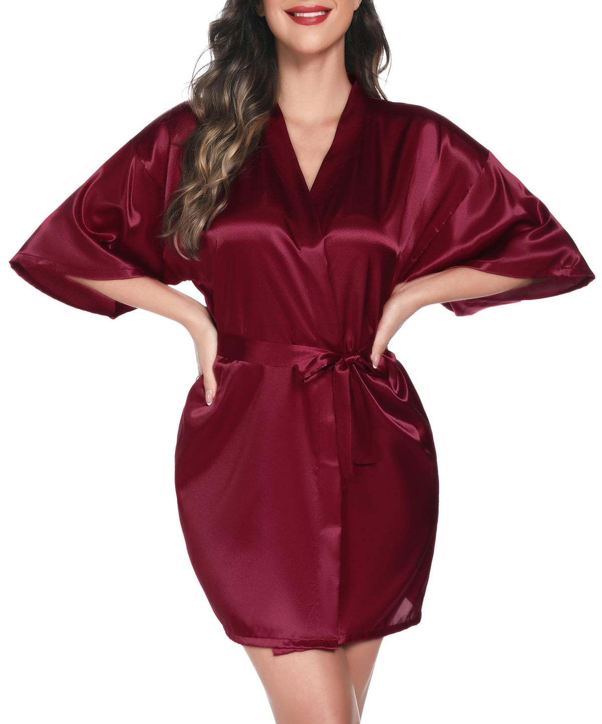 Vlazom Womens Kimono Robes Dressing Gown Satin Bathrobe Nightdress Short Style Bridal Robe