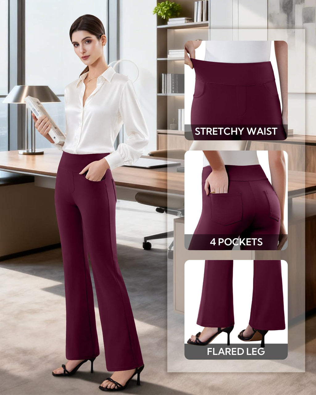 Women's Stretchy Flare Work Pants – High-Waist Pull-On Dress Slacks with 4 Pockets