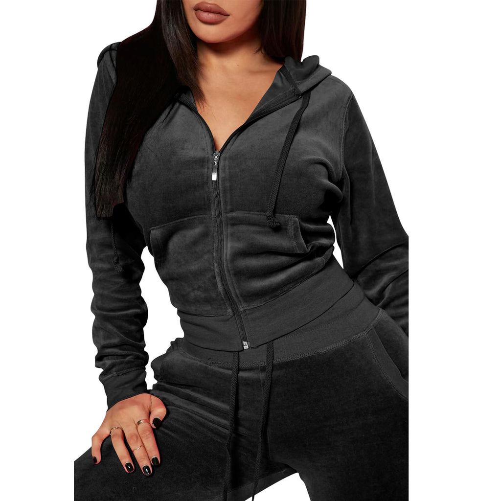 Women's 2-Piece Velour Tracksuit – Hooded Zip Crop Top & Jogger Pants