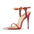 Ouwilov Women's Strappy Stiletto Heels – Metallic Ankle Strap Open Toe Sandals