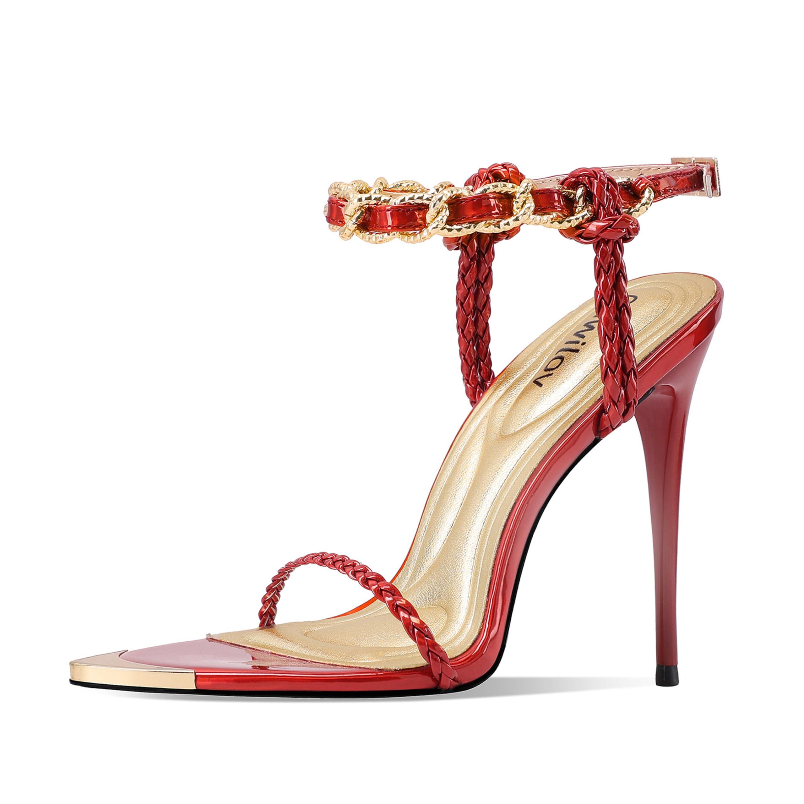 Ouwilov Women's Strappy Stiletto Heels – Metallic Ankle Strap Open Toe Sandals