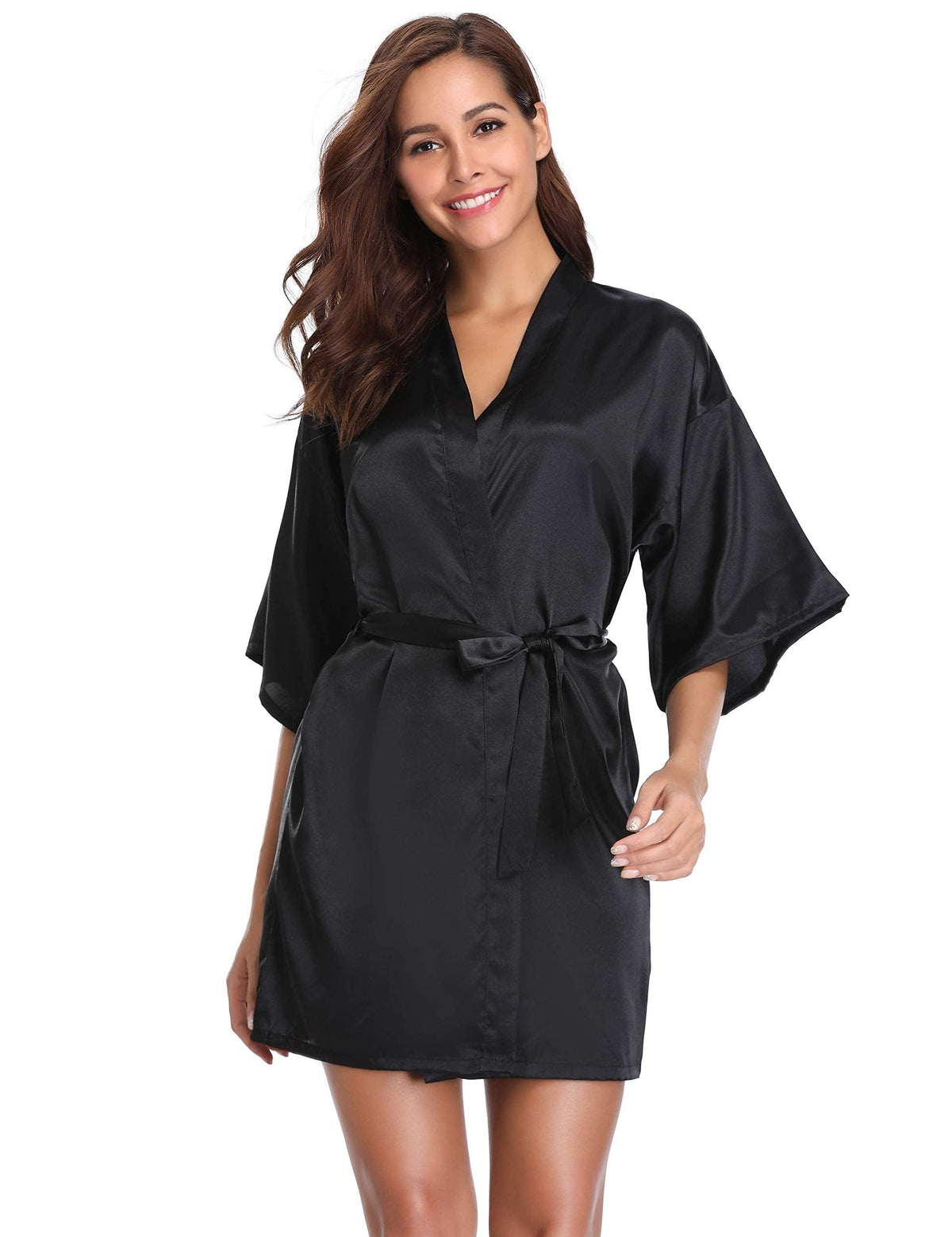 Vlazom Womens Kimono Robes Dressing Gown Satin Bathrobe Nightdress Short Style Bridal Robe