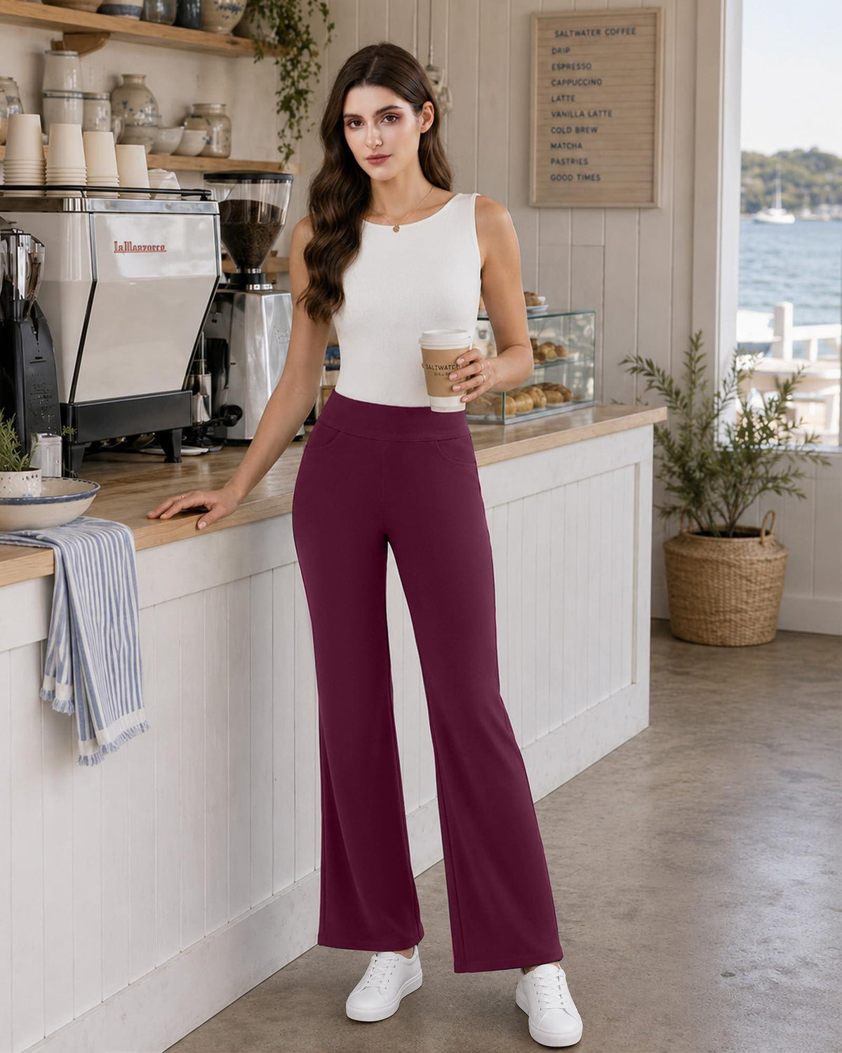Women's Stretchy Flare Work Pants – High-Waist Pull-On Dress Slacks with 4 Pockets