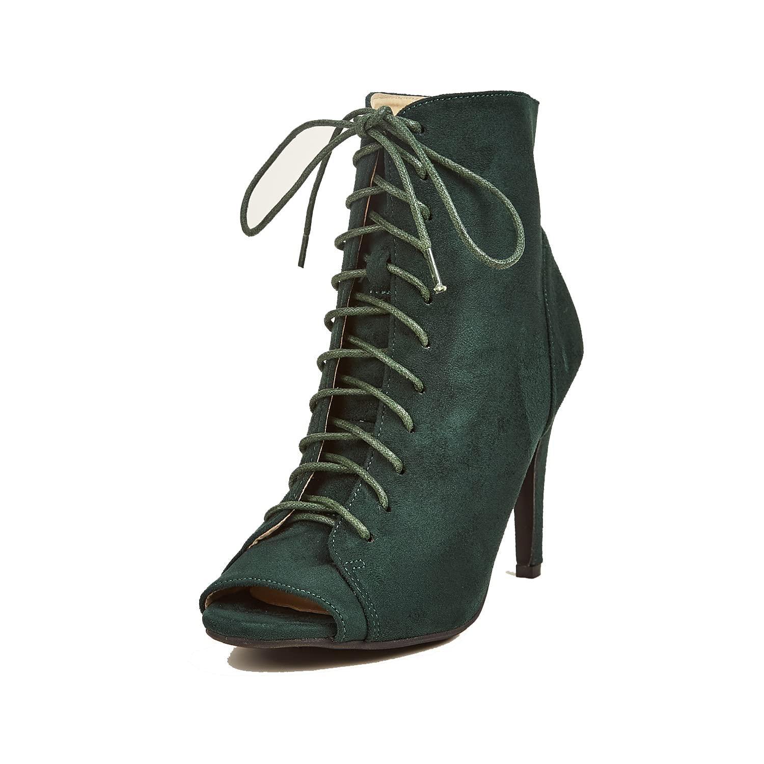 GATUXUS Women's Platform Lace-Up Ankle Booties | 3.9" Block Heel | Open Toe | 7 Colors