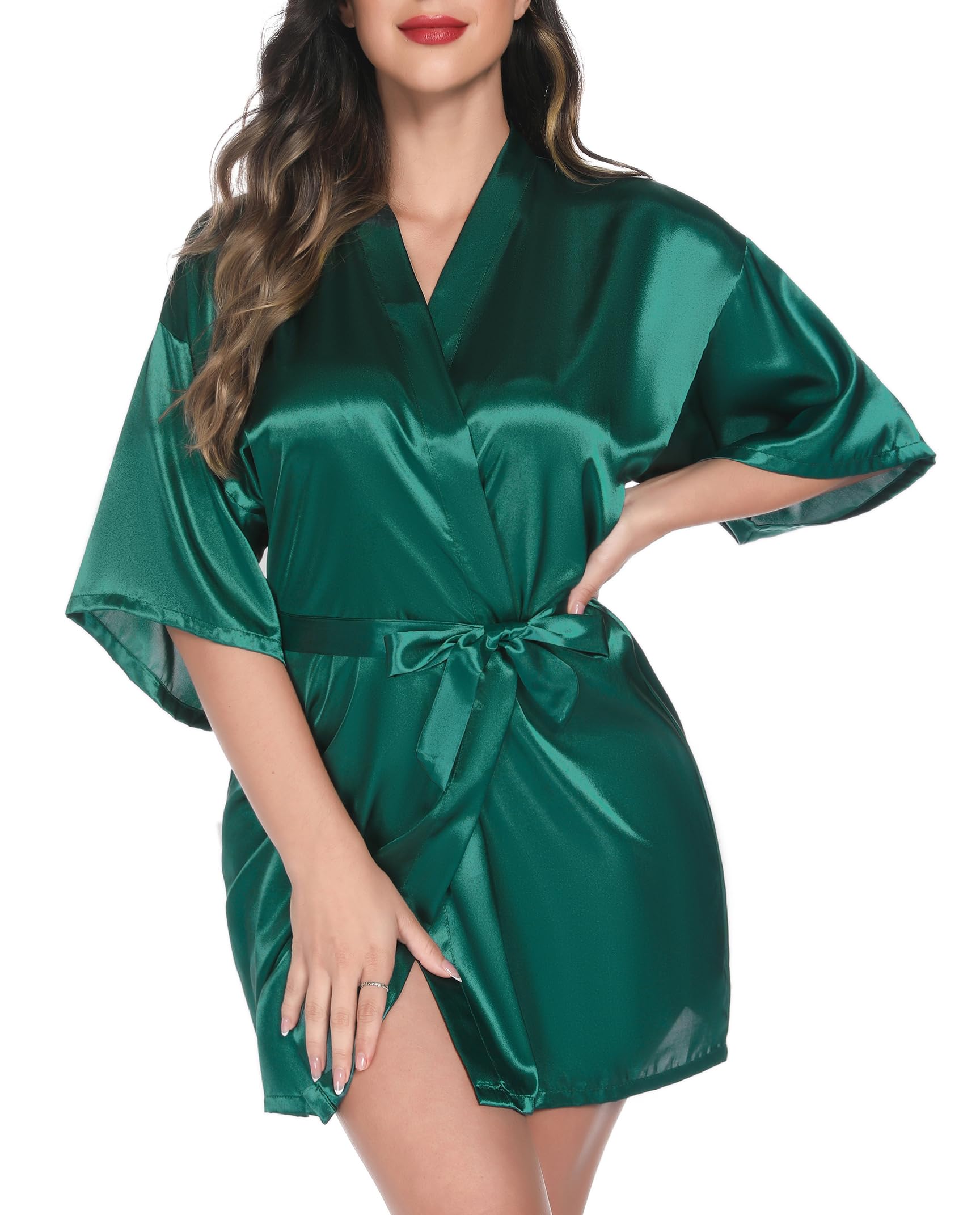 Vlazom Womens Kimono Robes Dressing Gown Satin Bathrobe Nightdress Short Style Bridal Robe
