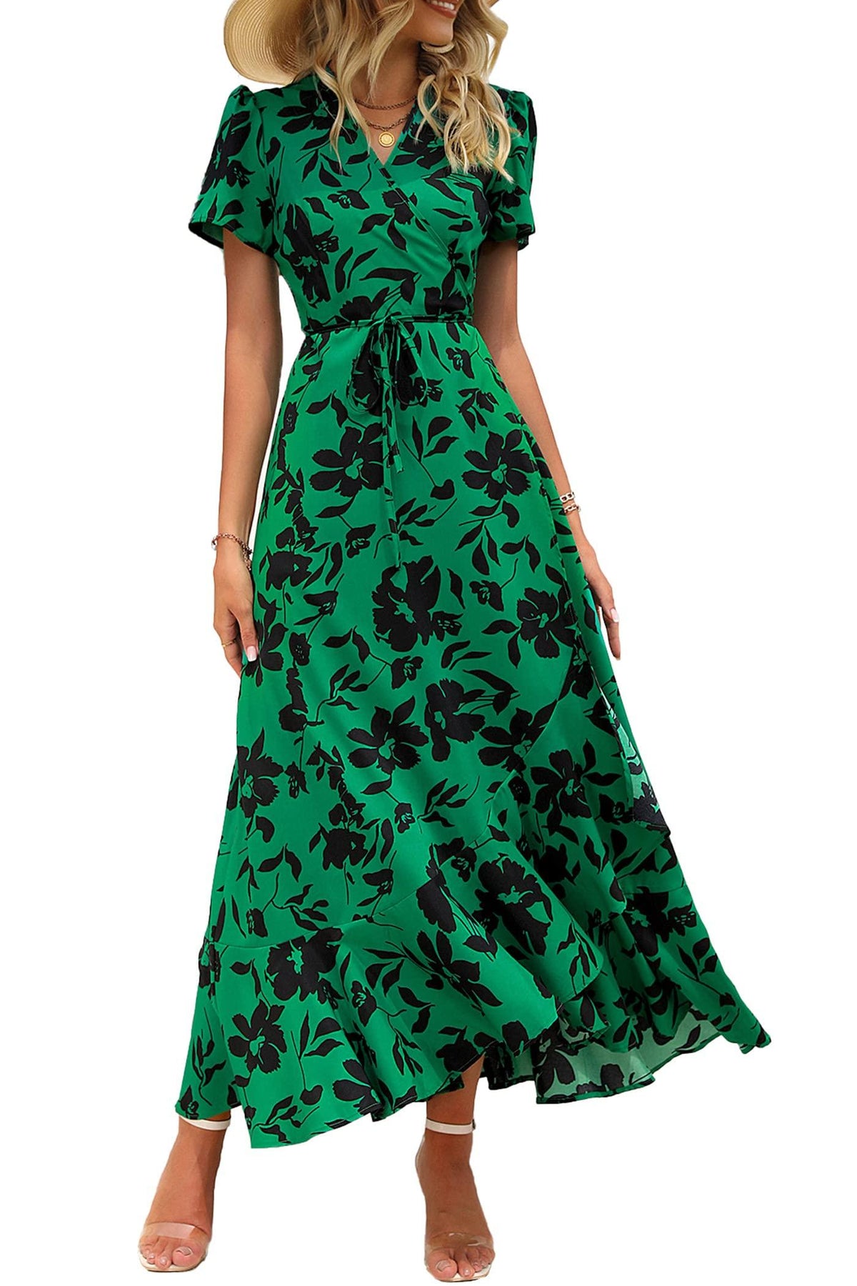 Women's Boho Floral Maxi Dress – Short Sleeve Wrap V-Neck Long Beach Dress