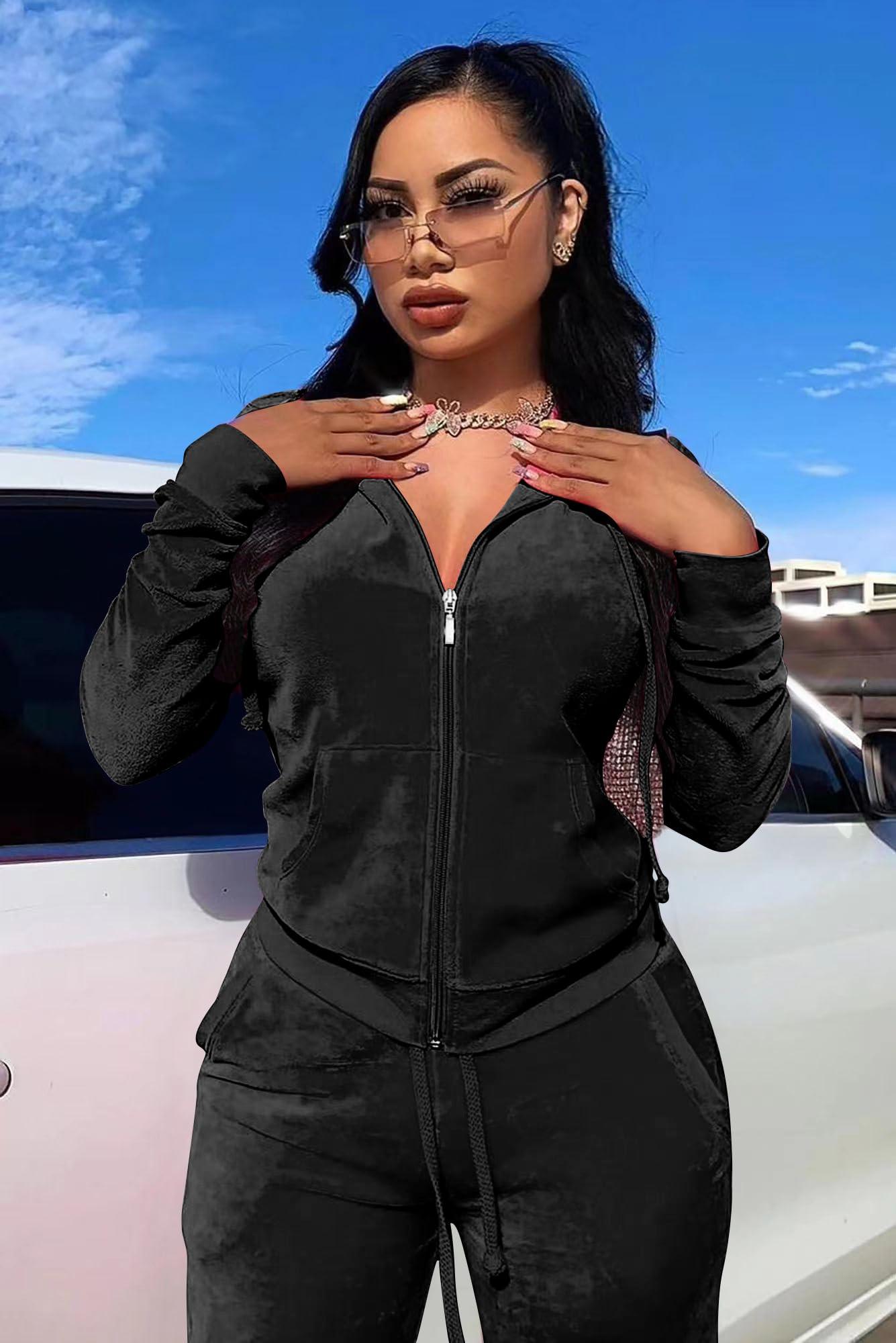 Women's 2-Piece Velour Tracksuit – Hooded Zip Crop Top & Jogger Pants