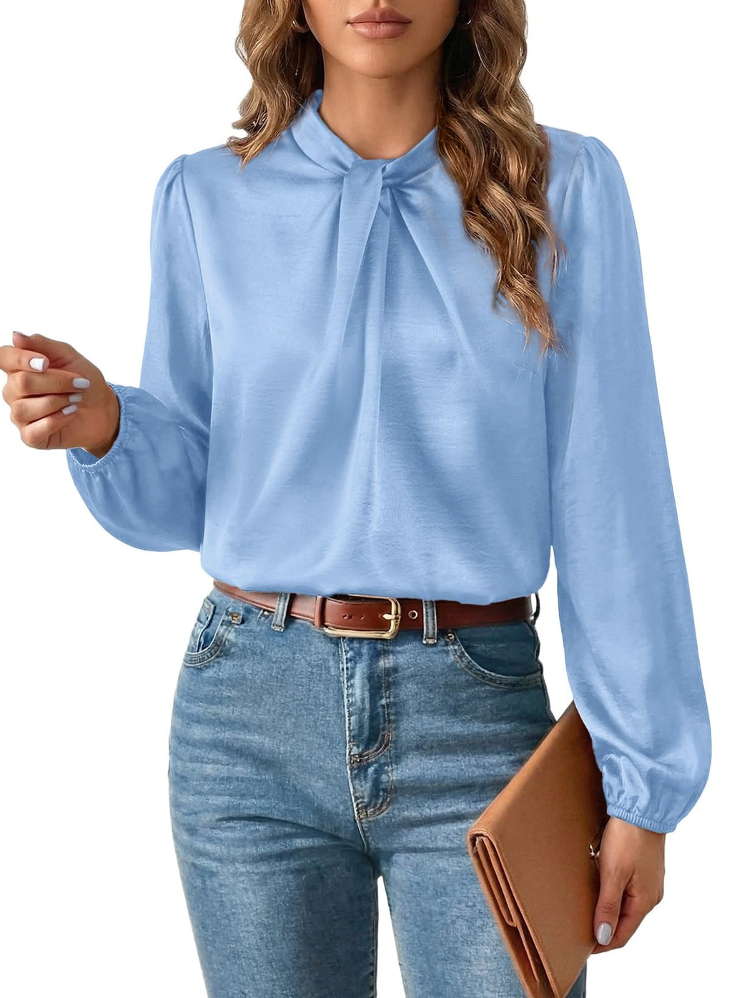 Women's Satin Twisted Mock Neck Blouse – Long Sleeve Business Casual Top