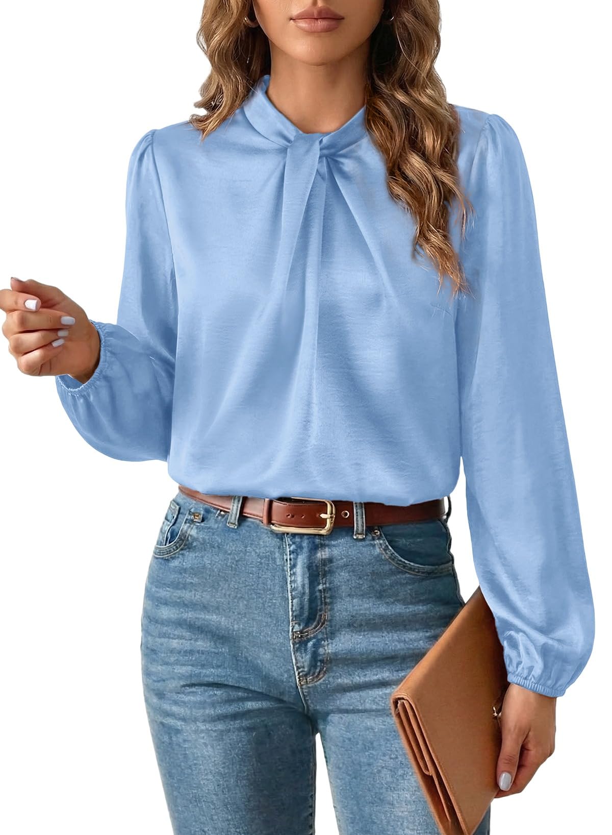 Women's Satin Twisted Mock Neck Blouse – Long Sleeve Business Casual Top