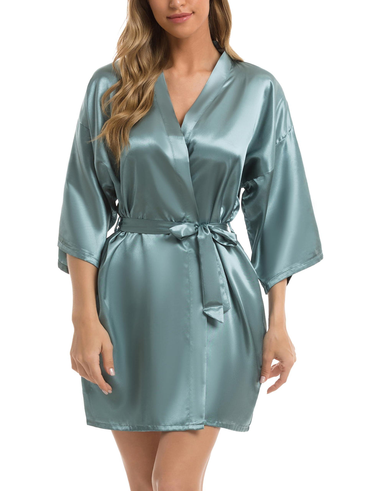 Vlazom Womens Kimono Robes Dressing Gown Satin Bathrobe Nightdress Short Style Bridal Robe
