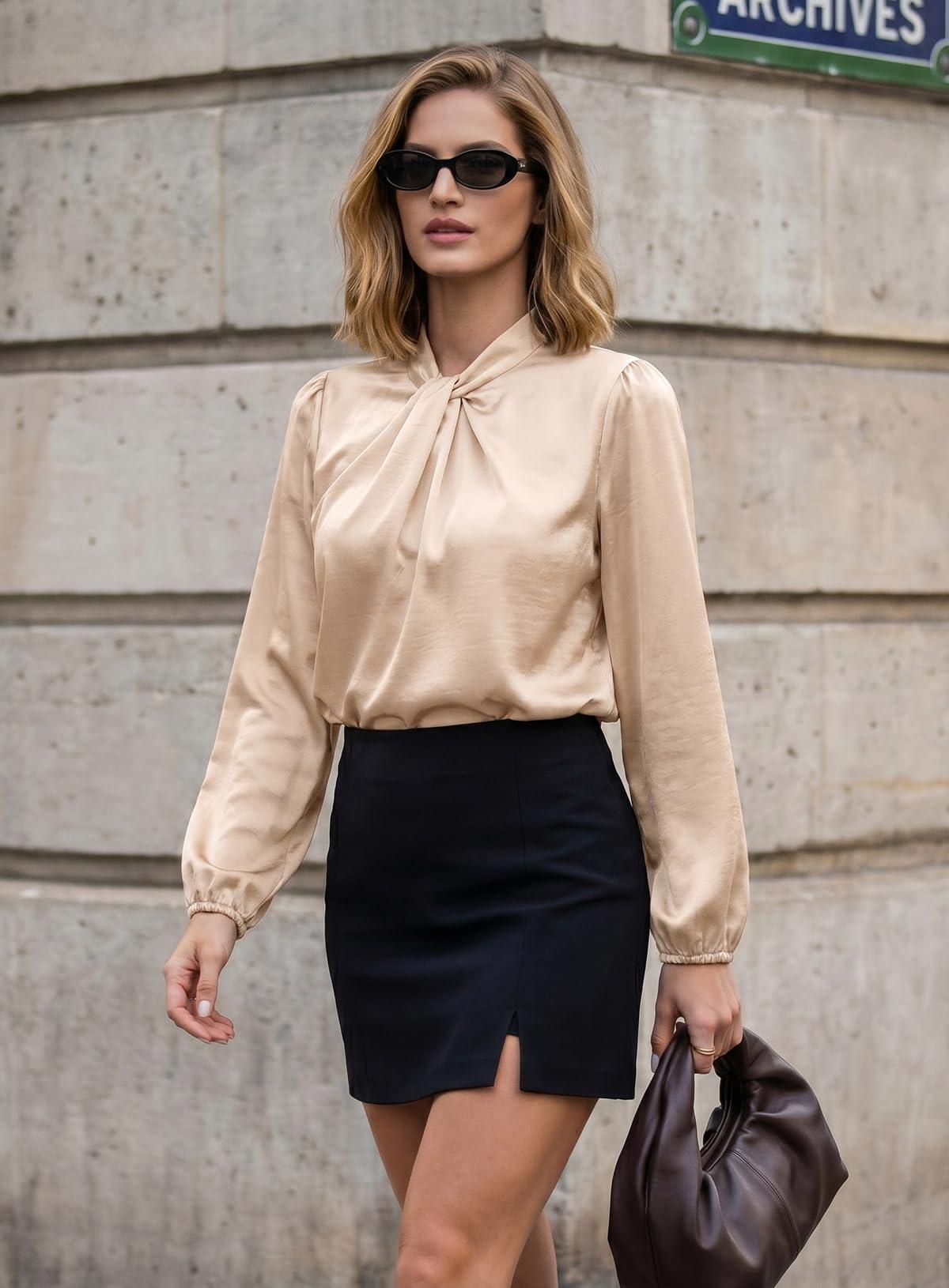 Women's Satin Twisted Mock Neck Blouse – Long Sleeve Business Casual Top