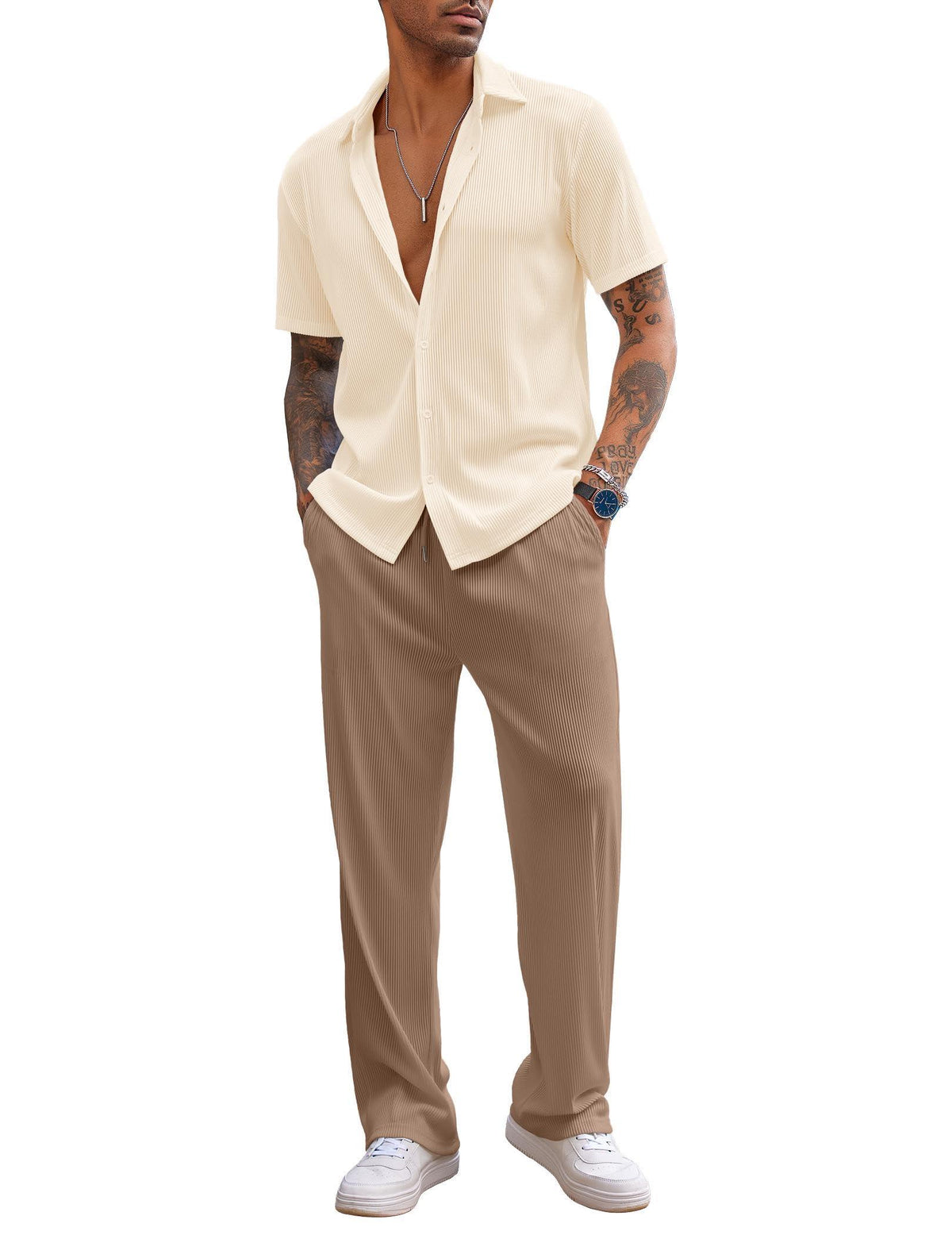 COOFANDY Men's 2 Piece Outfit Casual Short Sleeve Button Down Shirt Beach Summer Loose Pant Sets