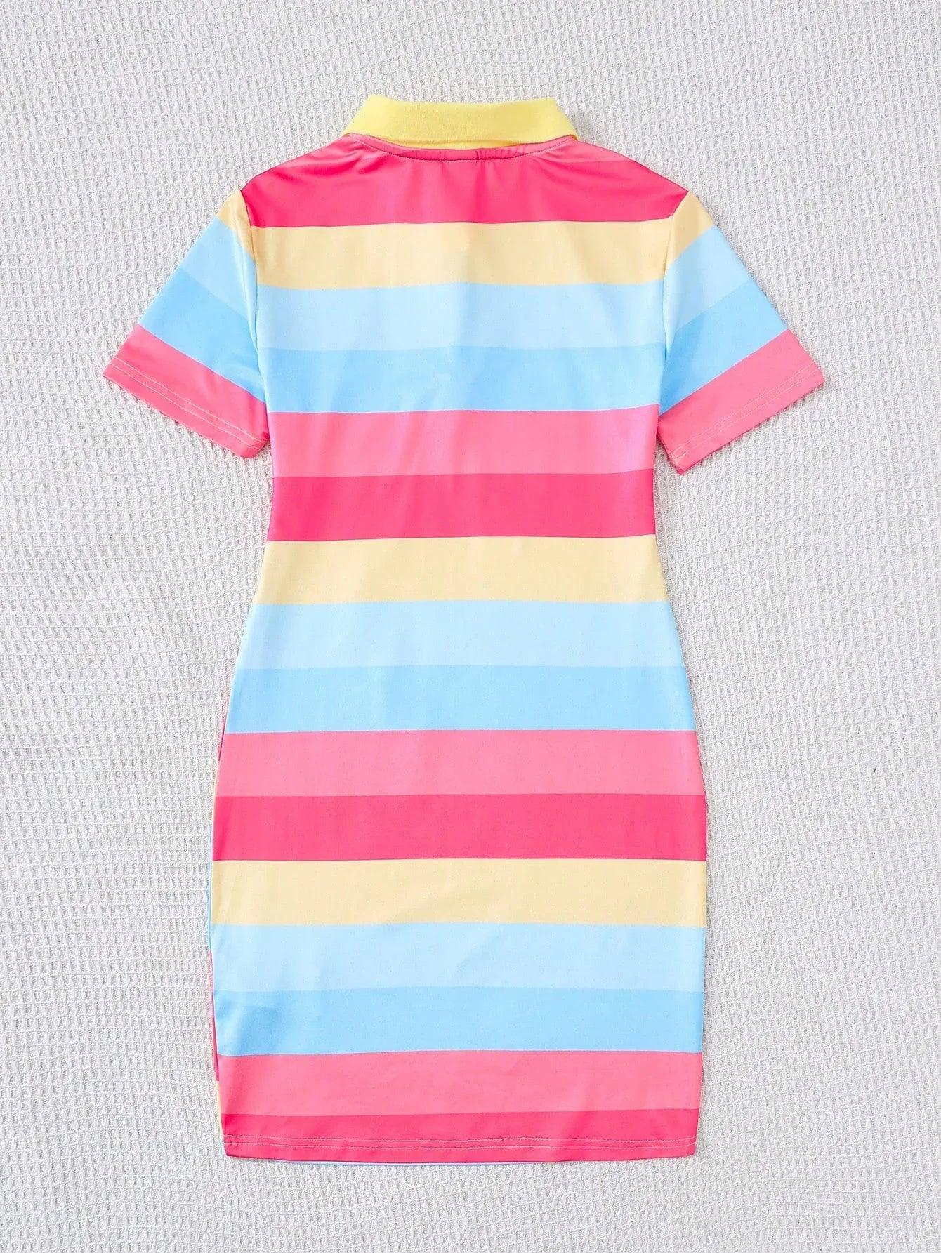 Tween Girls Striped Color-Block Polo Collar Knit Dress Casual Fitted Style - Dazzling Beauty Solution