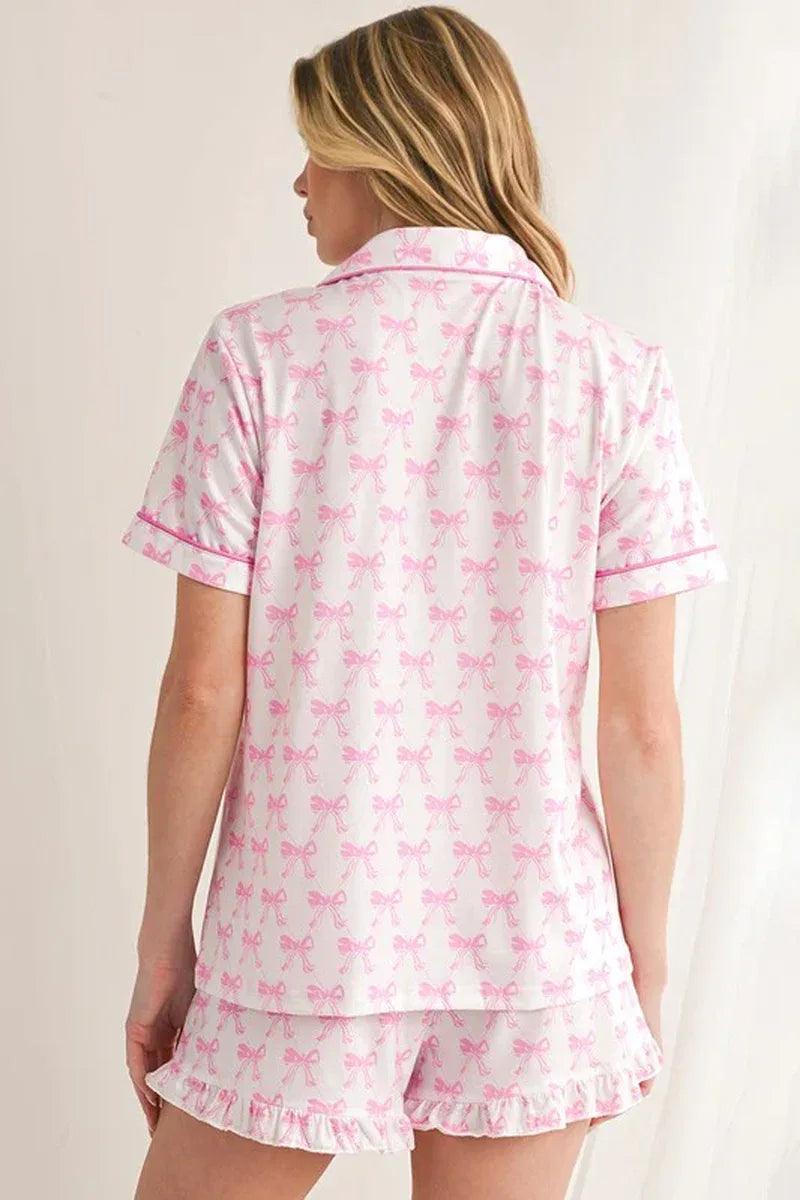 Bowknot Shirt and Ruffle Hem Shorts Pajama Set - Dazzling Beauty Solution