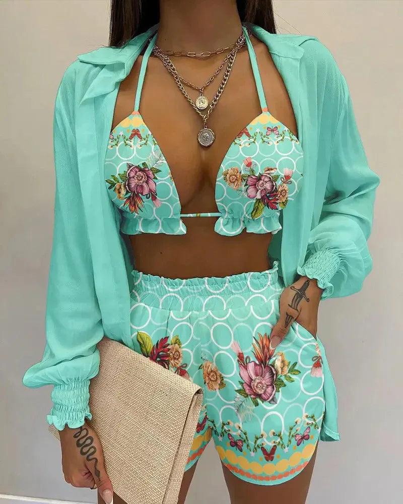Women's Summer Solid Color Printing 3-piece Suit - Dazzling Beauty Solution