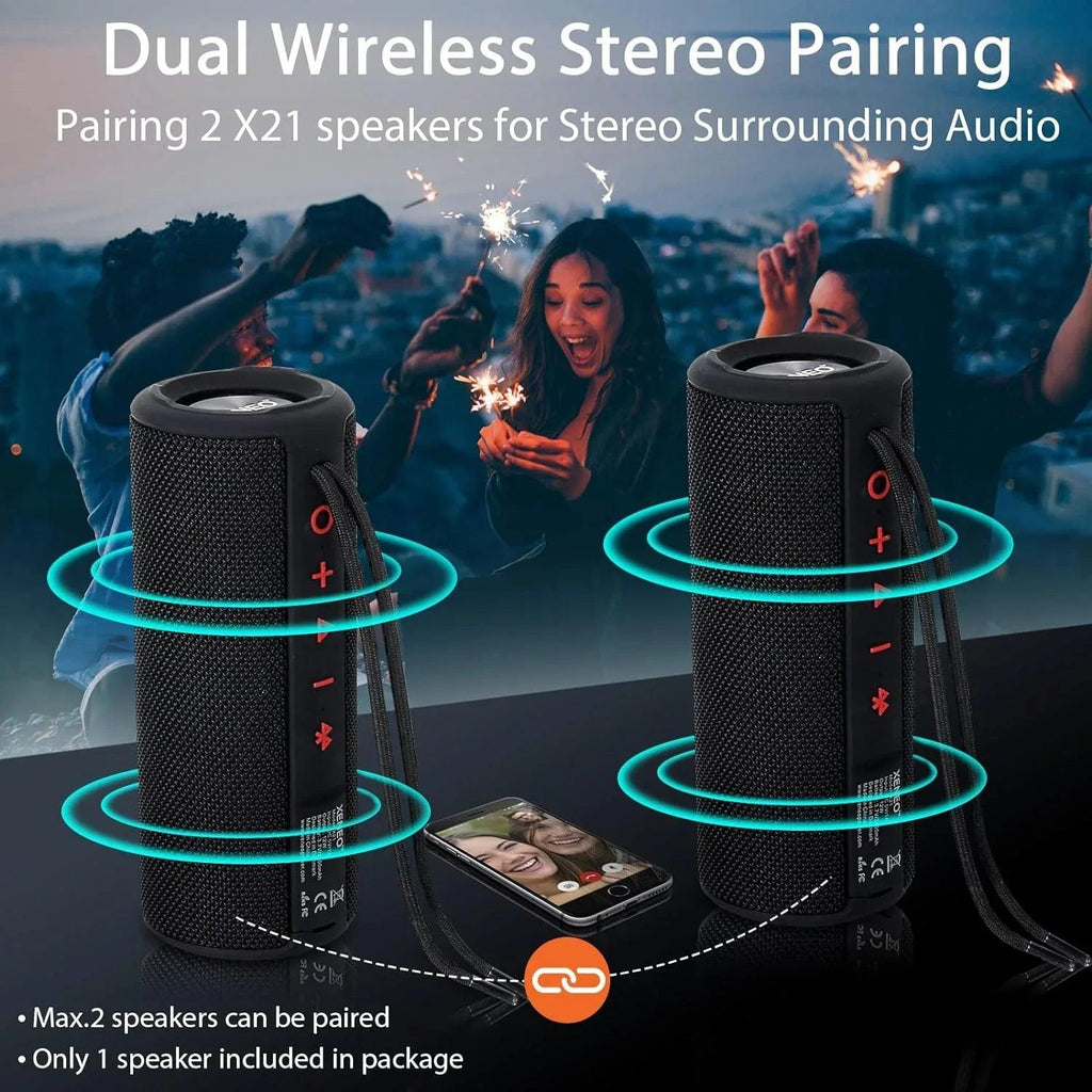 X21 Portable Outdoor Wireless Bluetooth Speaker Waterproof with FM Radio, Micro SD Card Slot, AUX for Shower - Hard Travel Case Included - Dazzling Beauty Solution
