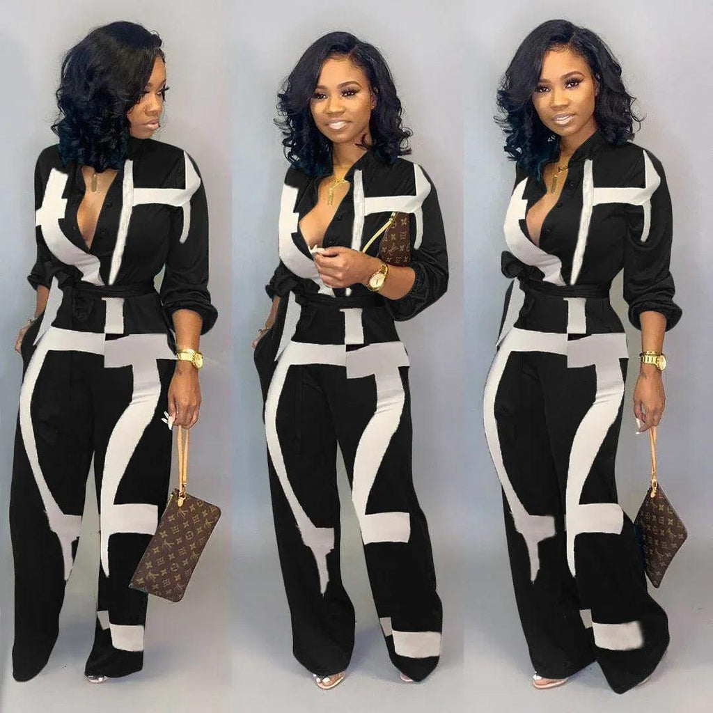 European And American Women's Clothing Elegant Cardigan Stitching Printing Jumpsuit - Dazzling Beauty Solution