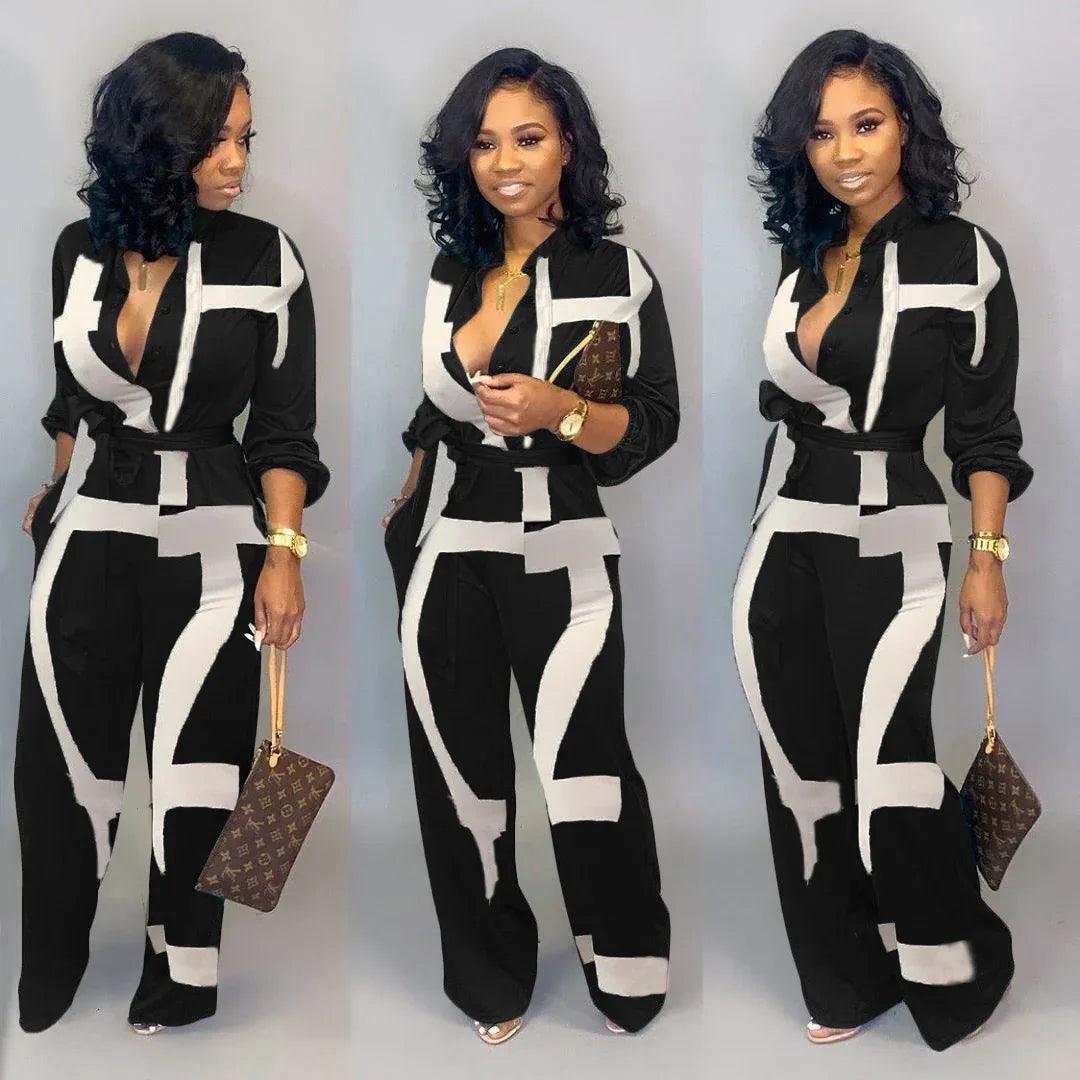 European And American Women's Clothing Elegant Cardigan Stitching Printing Jumpsuit - Dazzling Beauty Solution