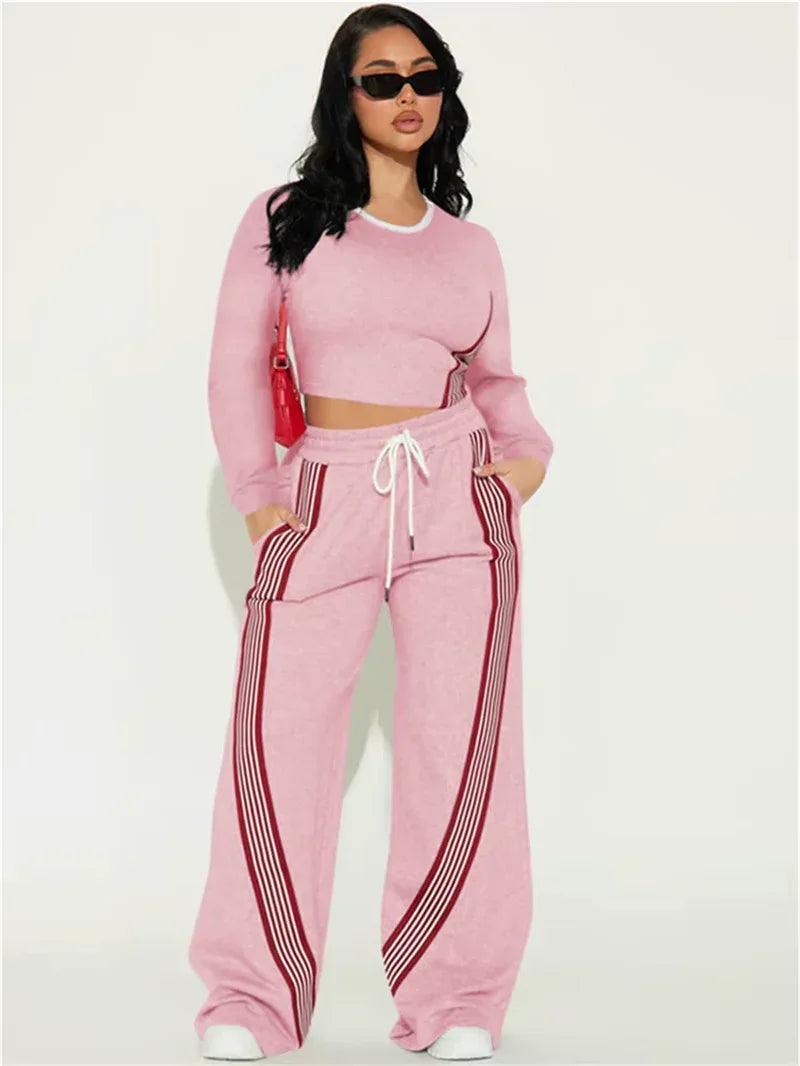 Stylish Contrast Stripe 2-Piece Women's Set: O-Neck Full Sleeve Crop Top & Drawstring Long Pants for Casual Sports Vibes! - Dazzling Beauty Solution