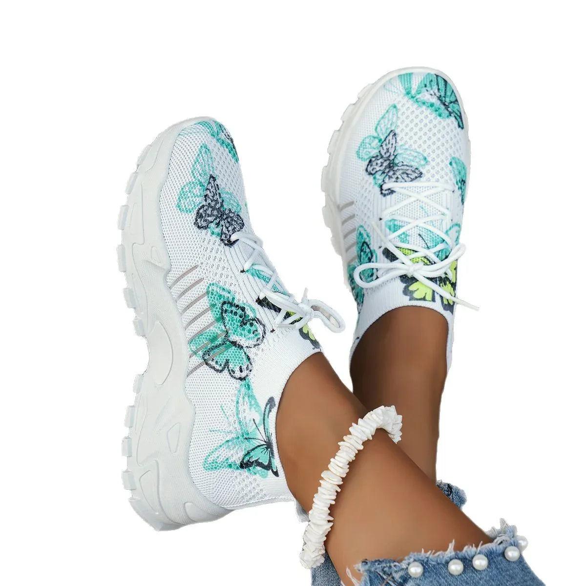 Women’s Butterfly Print Mesh Sneakers – Casual Flat Sports Shoes - Dazzling Beauty Solution
