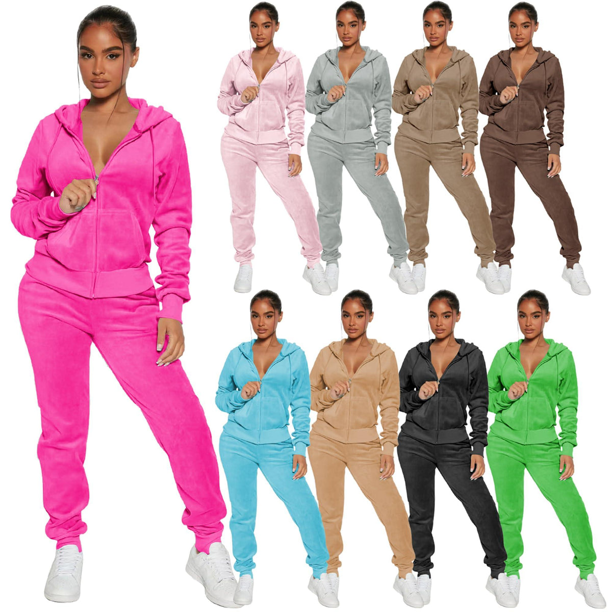 Women's 2-Piece Velour Tracksuit – Hooded Zip Crop Top & Jogger Pants