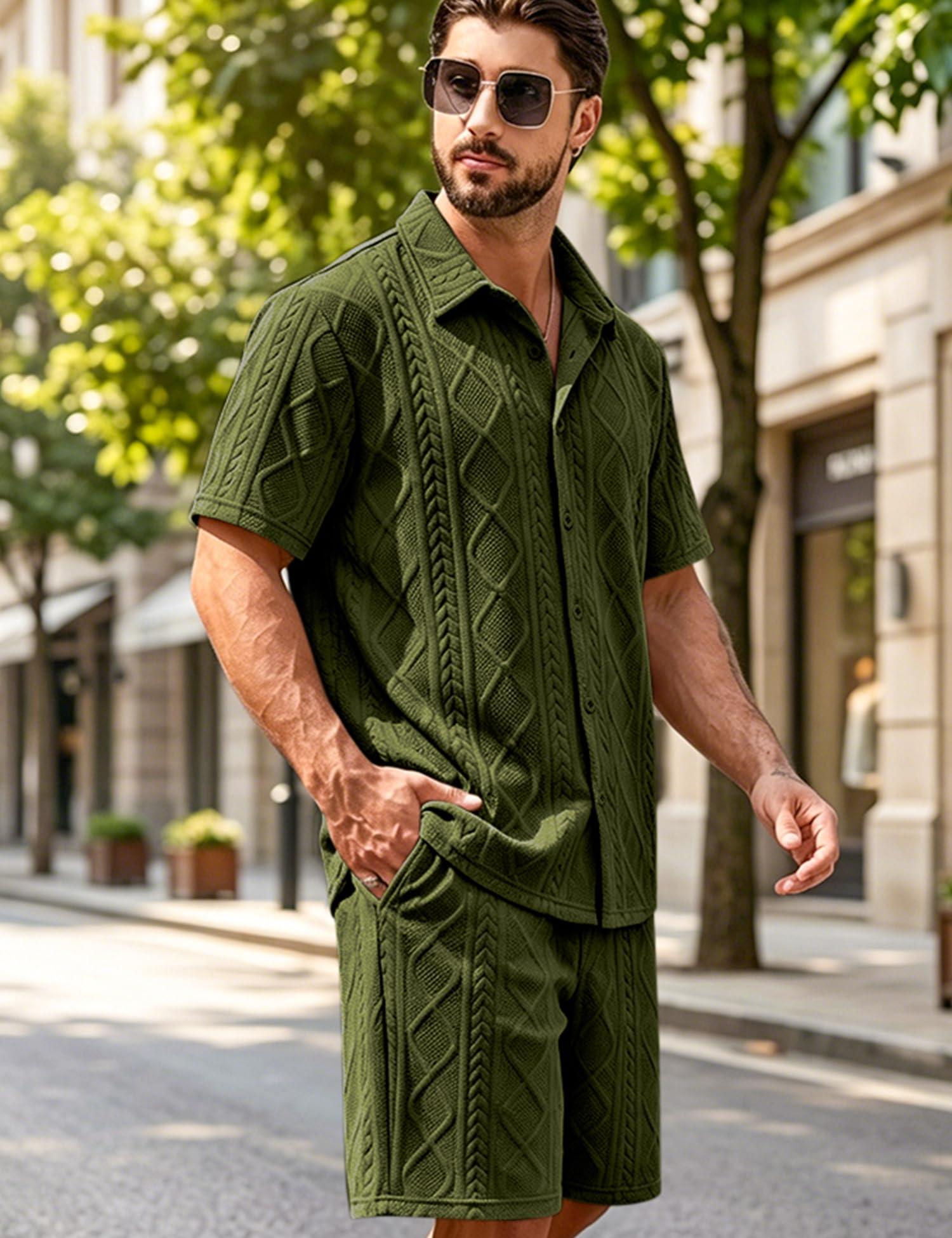 Men's Diamond Knit 2-Piece Button Down Shirt & Shorts Set – Casual Tracksuit