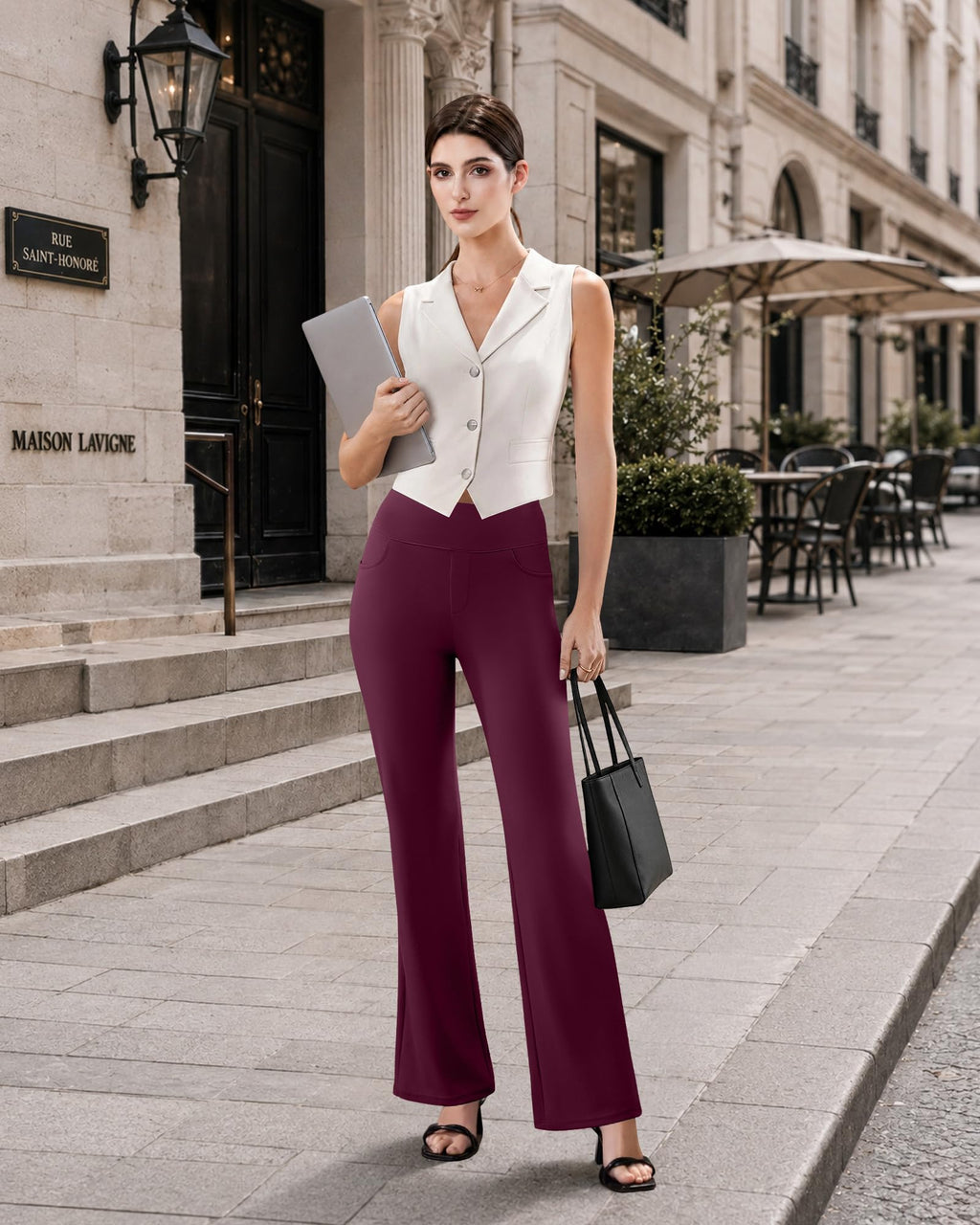 Women's Stretchy Flare Work Pants – High-Waist Pull-On Dress Slacks with 4 Pockets