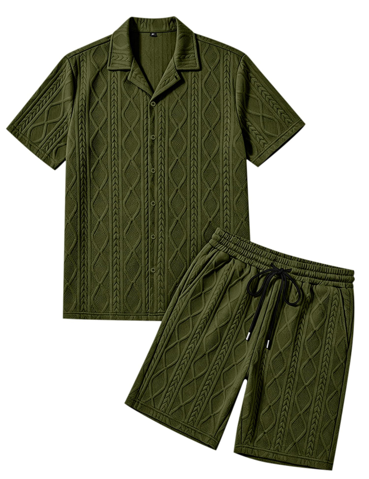 Men's Diamond Knit 2-Piece Button Down Shirt & Shorts Set – Casual Tracksuit