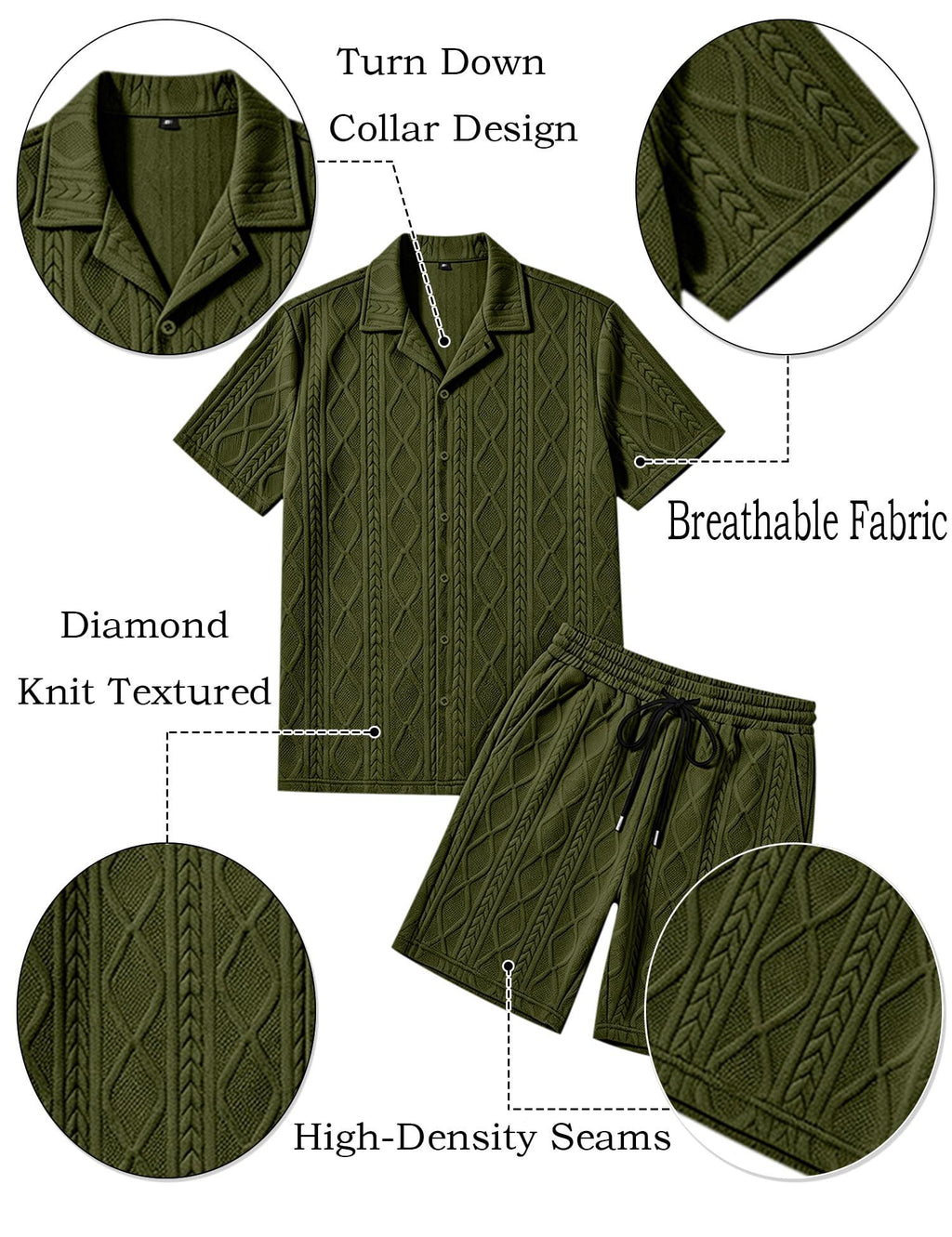 Men's Diamond Knit 2-Piece Button Down Shirt & Shorts Set – Casual Tracksuit