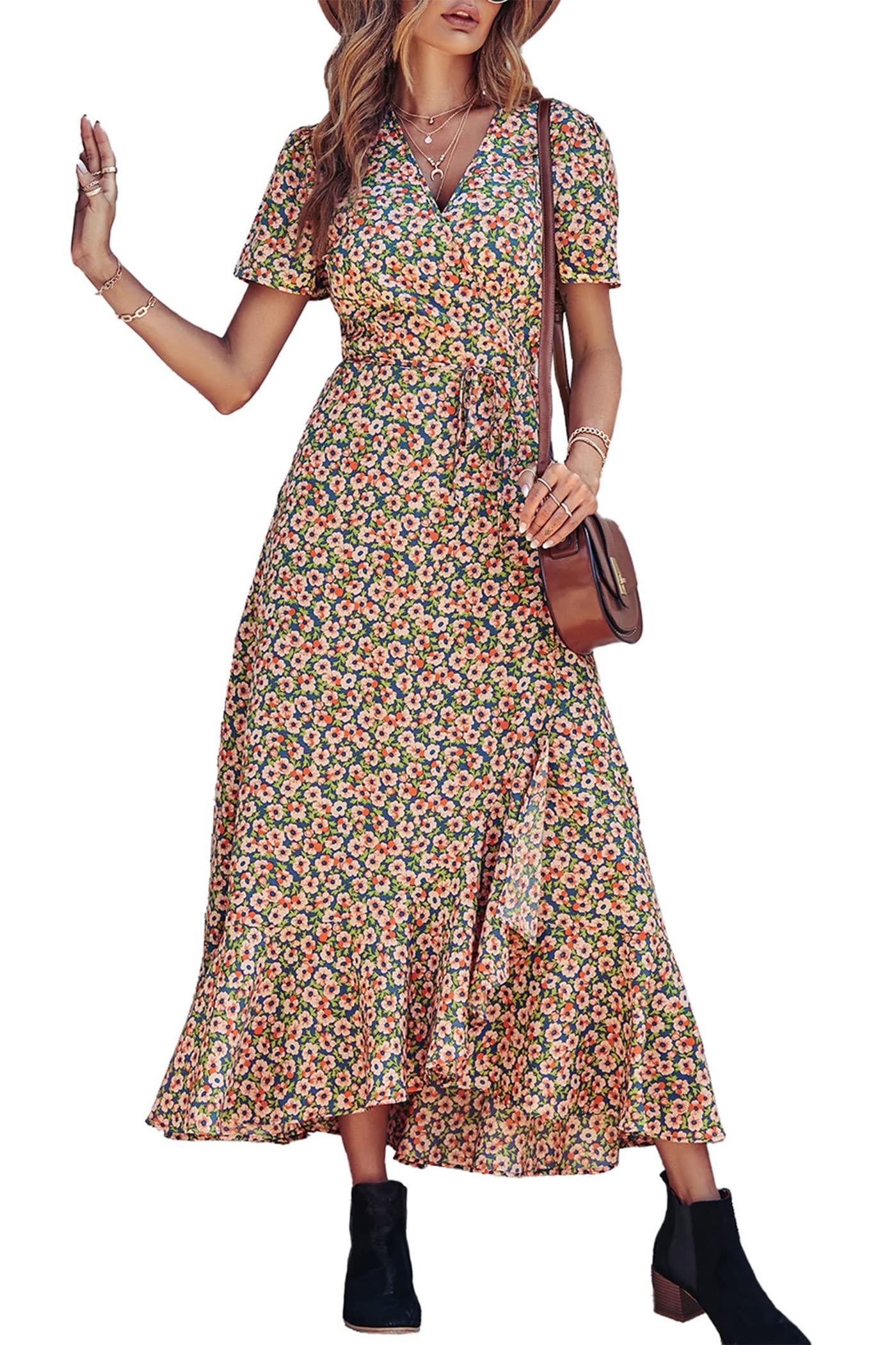 Women's Boho Floral Maxi Dress – Short Sleeve Wrap V-Neck Long Beach Dress