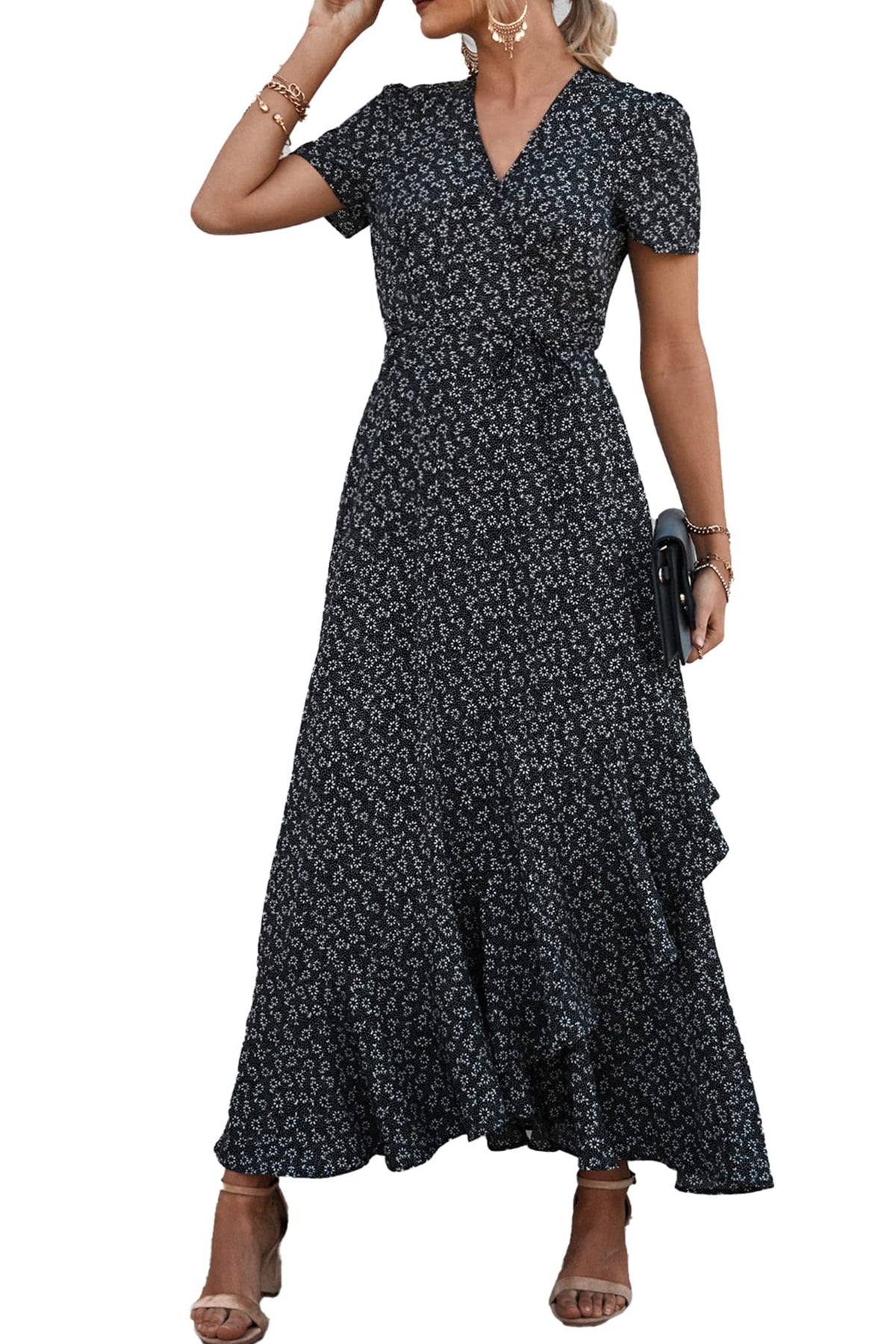 Women's Boho Floral Maxi Dress – Short Sleeve Wrap V-Neck Long Beach Dress