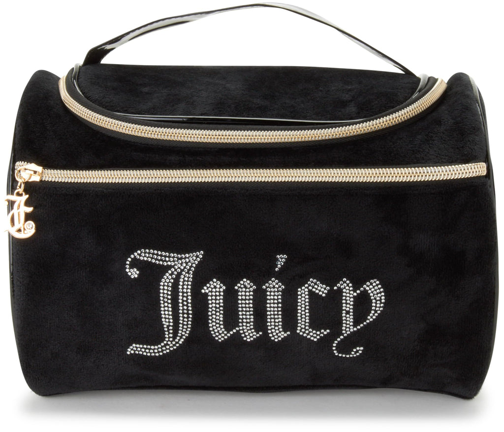 Juicy Couture Velour Makeup Bag | Rhinestone Travel Cosmetics Organizer | Black & Pink
