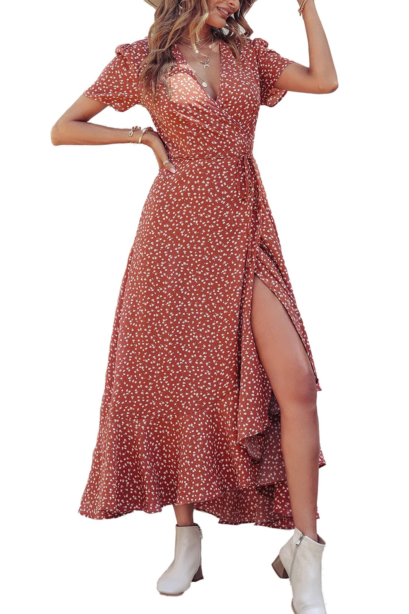 Women's Boho Floral Maxi Dress – Short Sleeve Wrap V-Neck Long Beach Dress