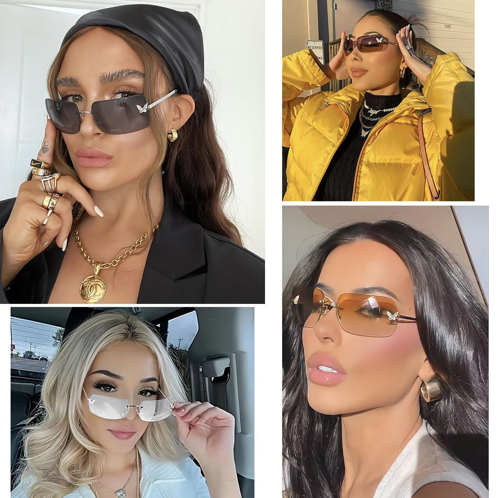 Y2K Rimless Rectangle Sunglasses | Butterfly Frameless Tinted Lens | UV400 | 6 Colors