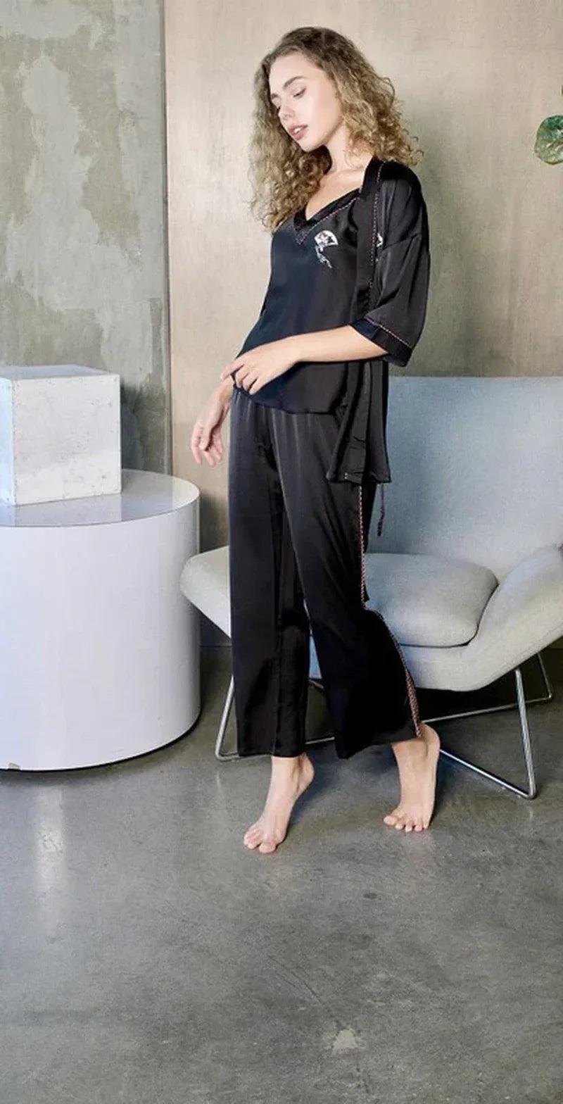 Black Silky 3 Piece Kimono Pajama Sets - Dazzling Beauty Solution