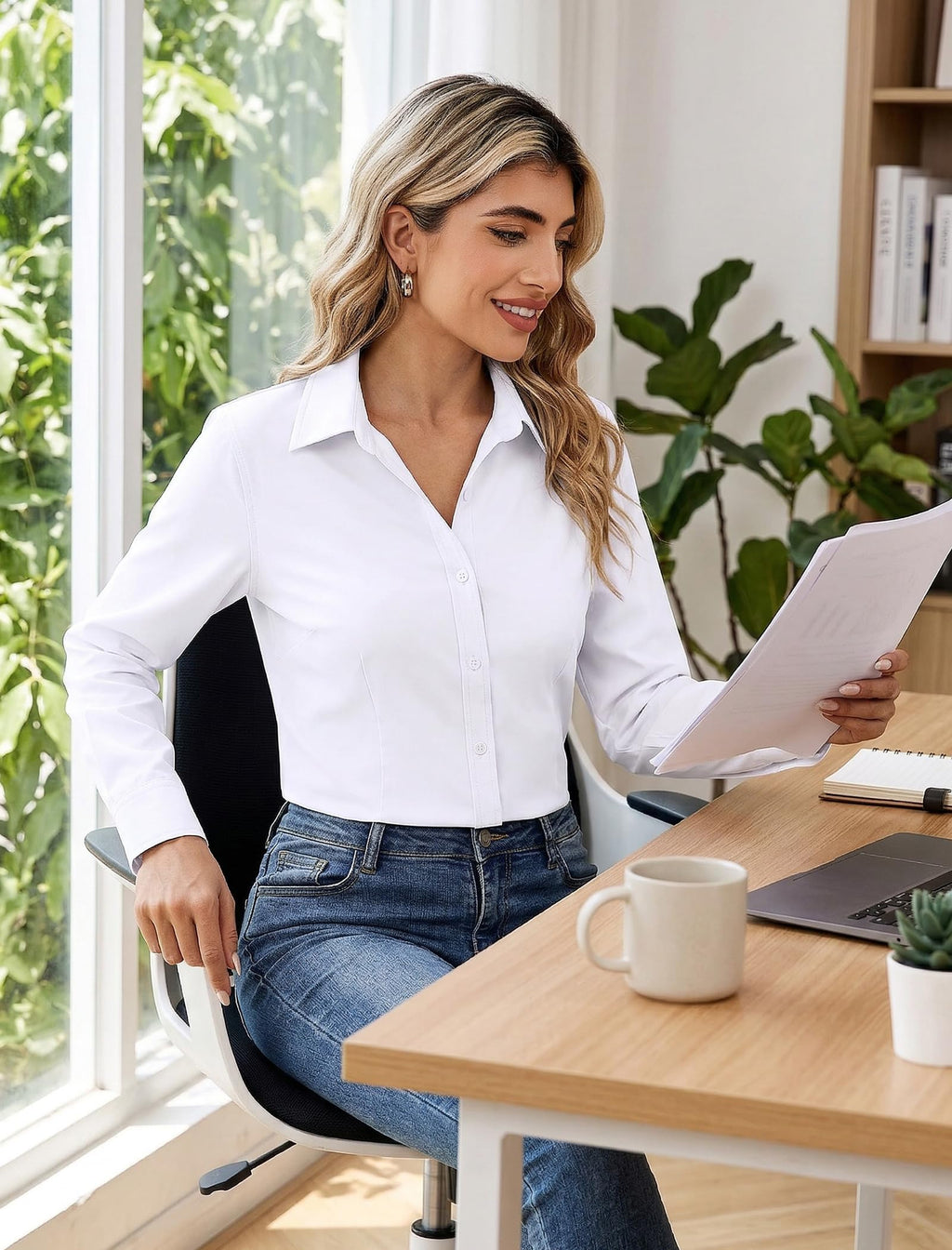 Women's Wrinkle-Free Button Down Shirt – Long Sleeve Business Blouse
